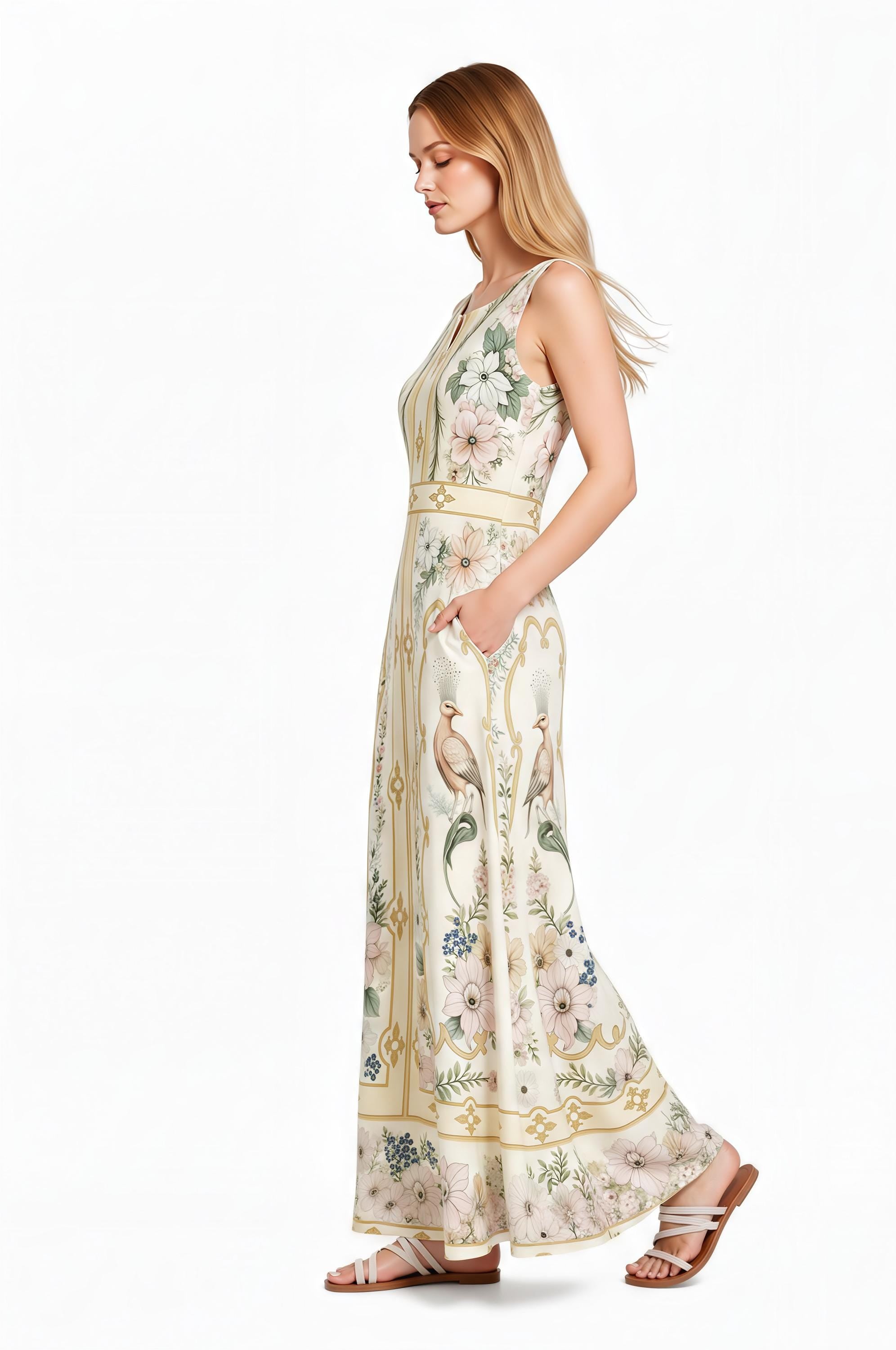 Ivory Floral Bird Maxi Dress, Sleeveless Vintage Border Print Resort Garden Party Dress