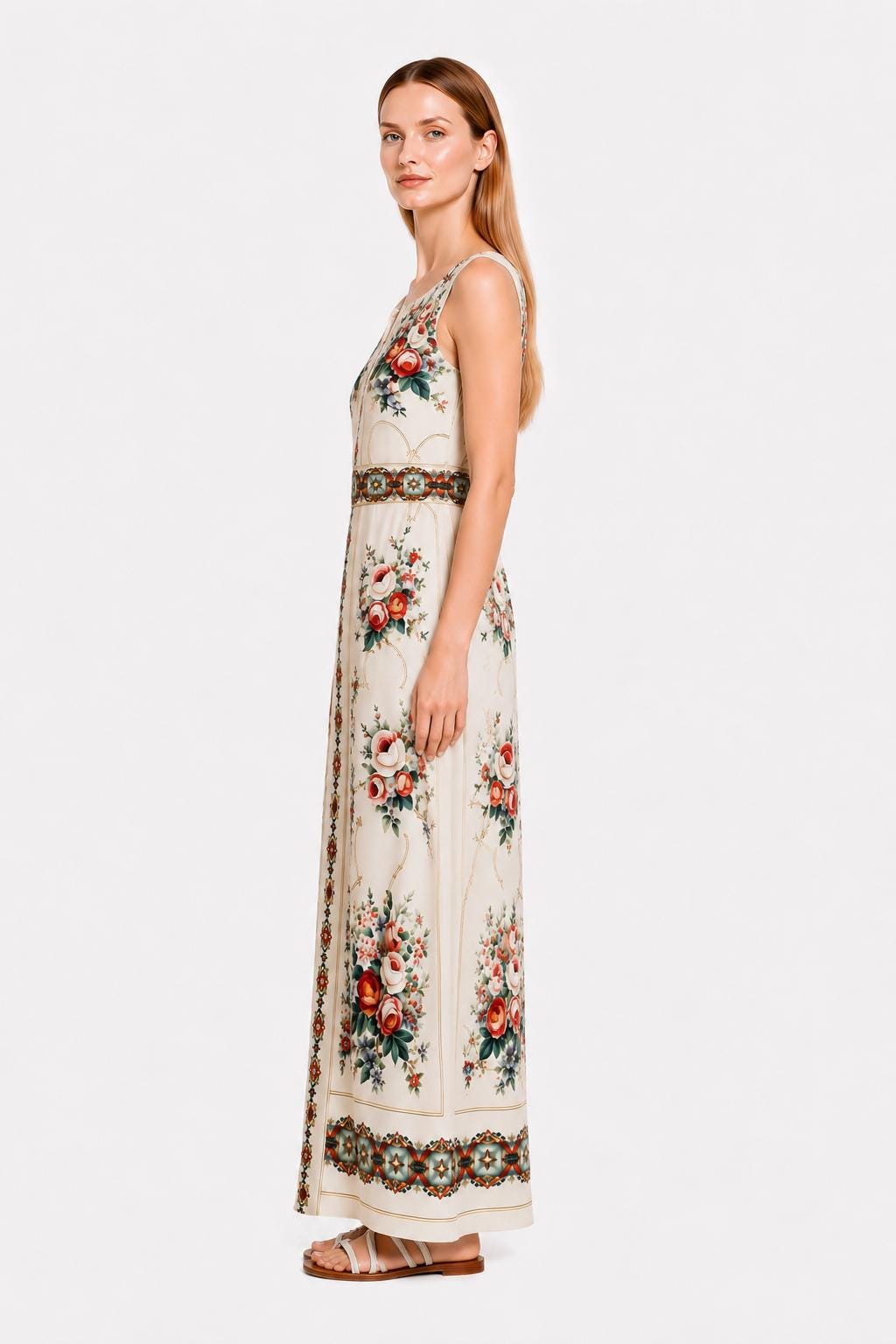 Ivory Rose Maxi Dress, Sleeveless Floral A-Line, Vintage Border Print, Resort Garden Party