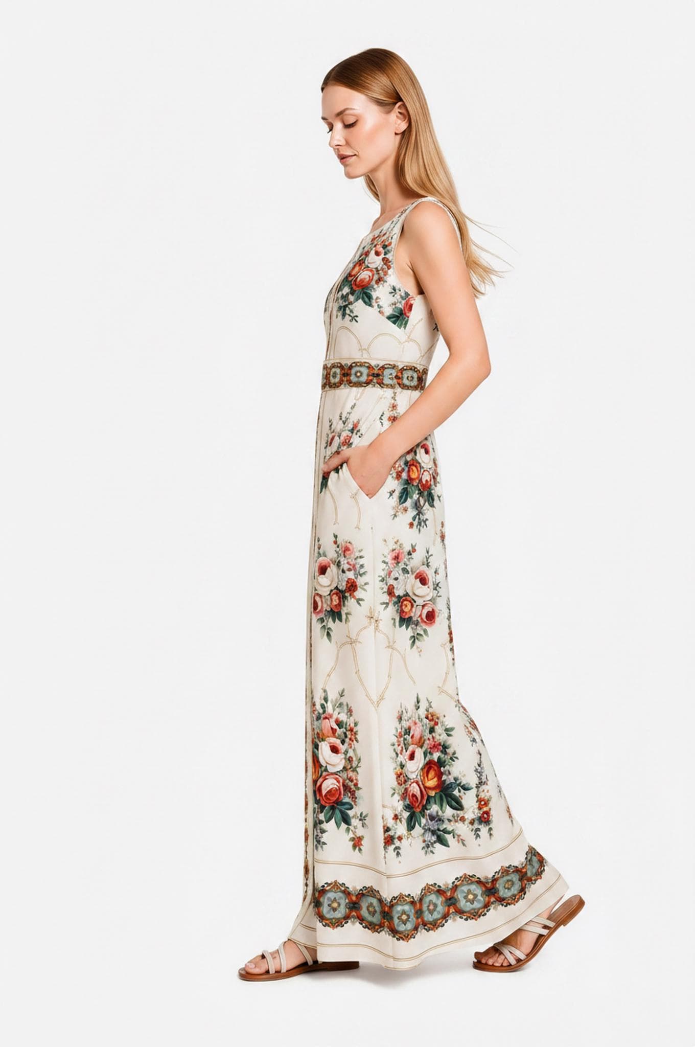 Ivory Rose Maxi Dress, Sleeveless Floral A-Line, Vintage Border Print, Resort Garden Party