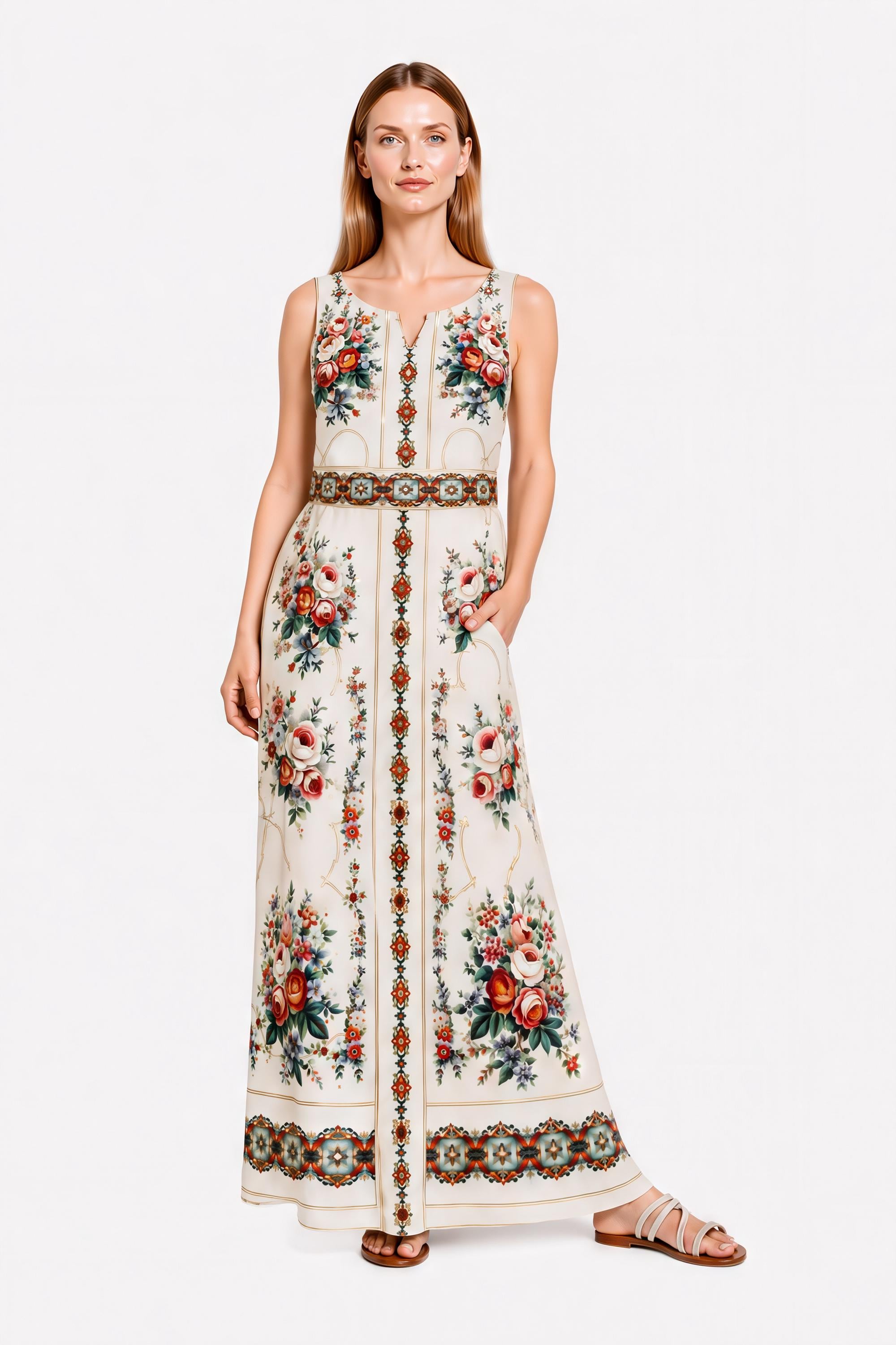 Ivory Rose Maxi Dress, Sleeveless Floral A-Line, Vintage Border Print, Resort Garden Party