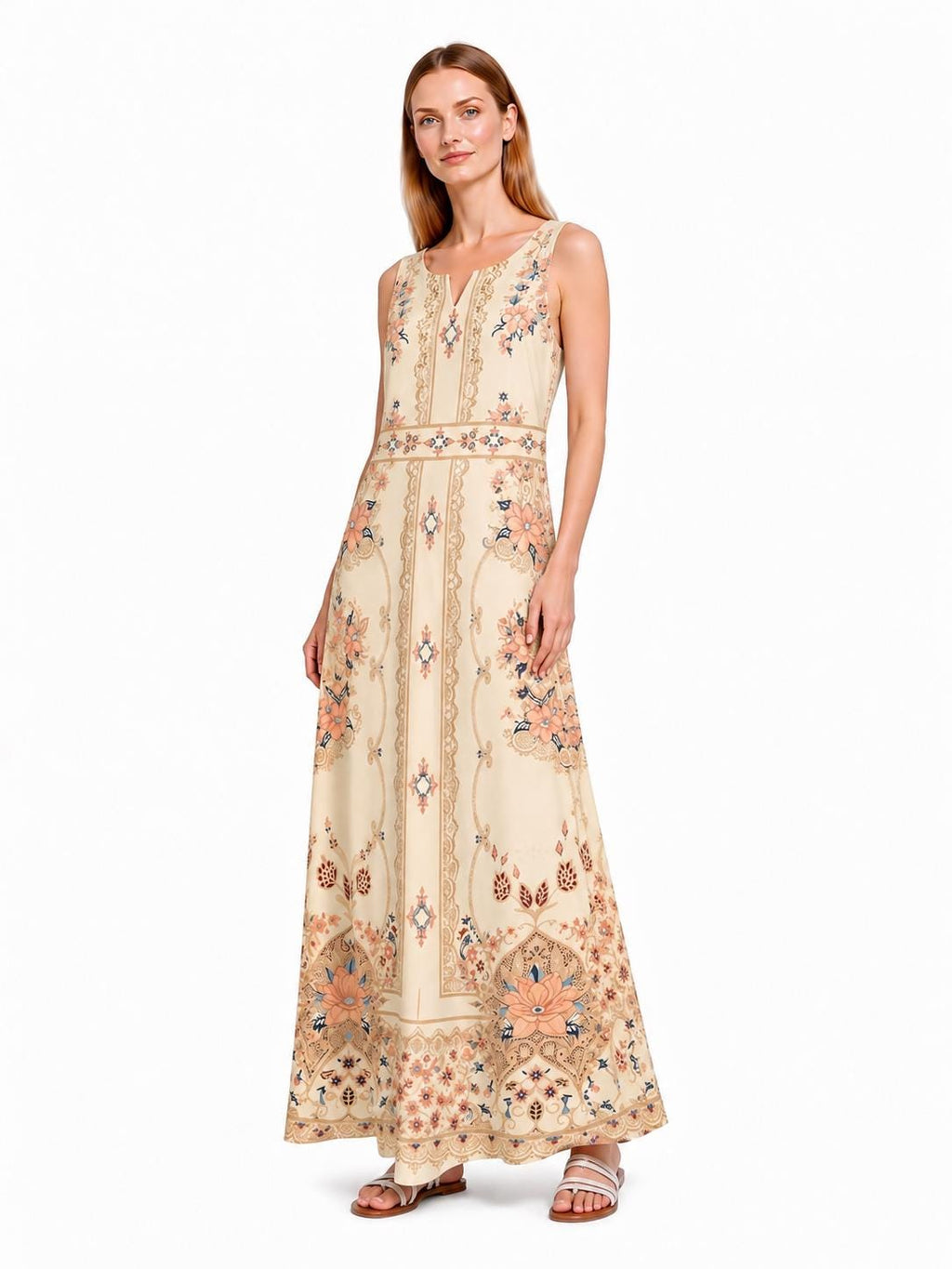 Ivory Boho Maxi Dress, Sleeveless Floral Border Print, A-Line Resort Summer Dress