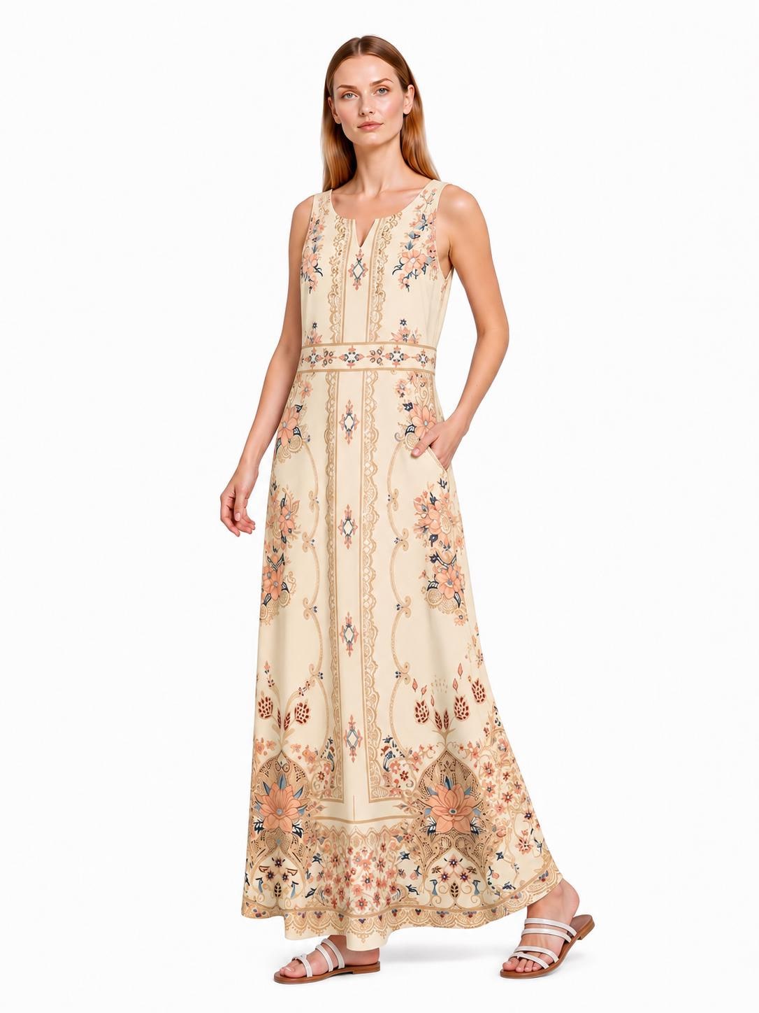 Ivory Boho Maxi Dress, Sleeveless Floral Border Print, A-Line Resort Summer Dress