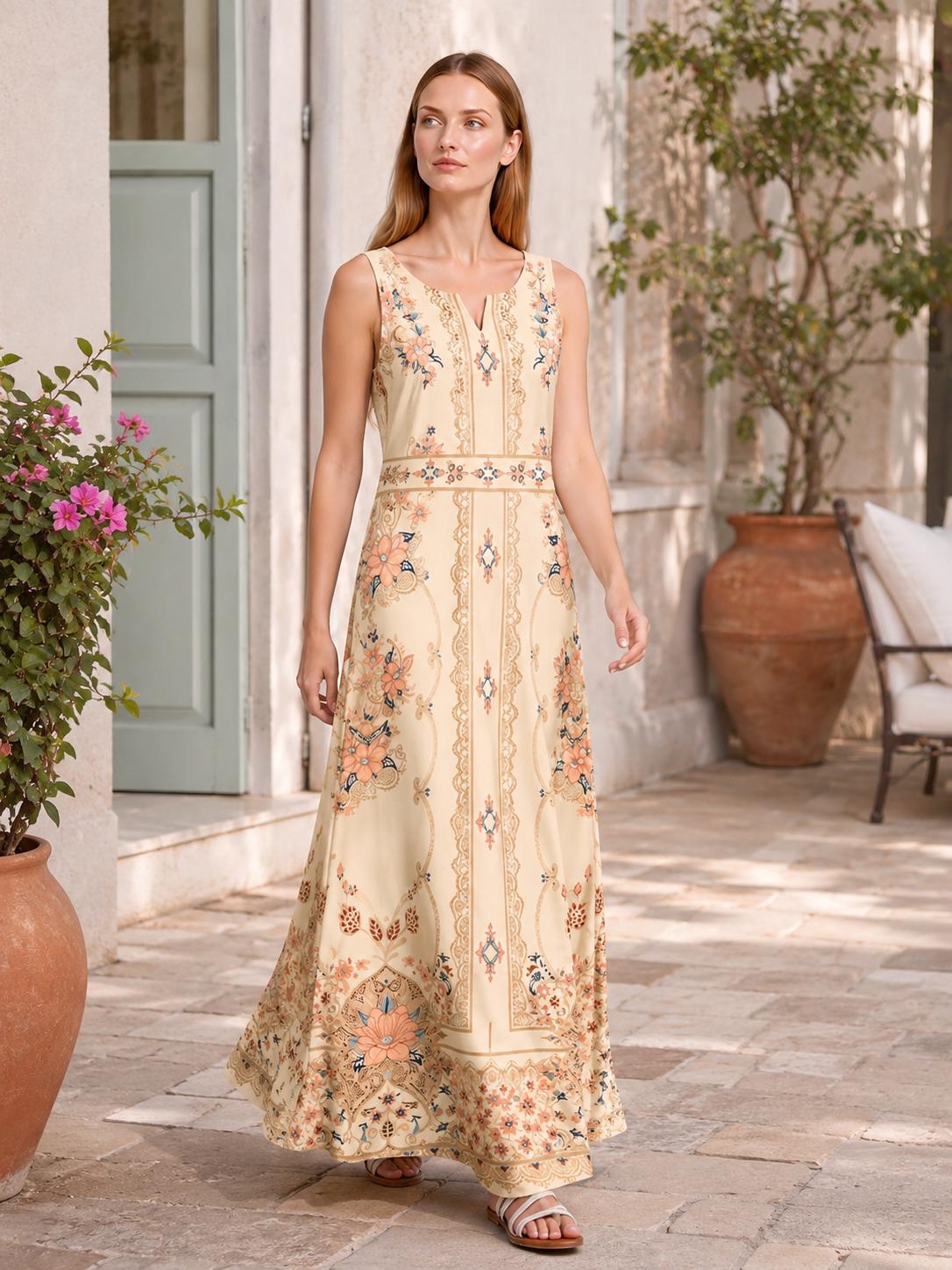 Ivory Boho Maxi Dress, Sleeveless Floral Border Print, A-Line Resort Summer Dress
