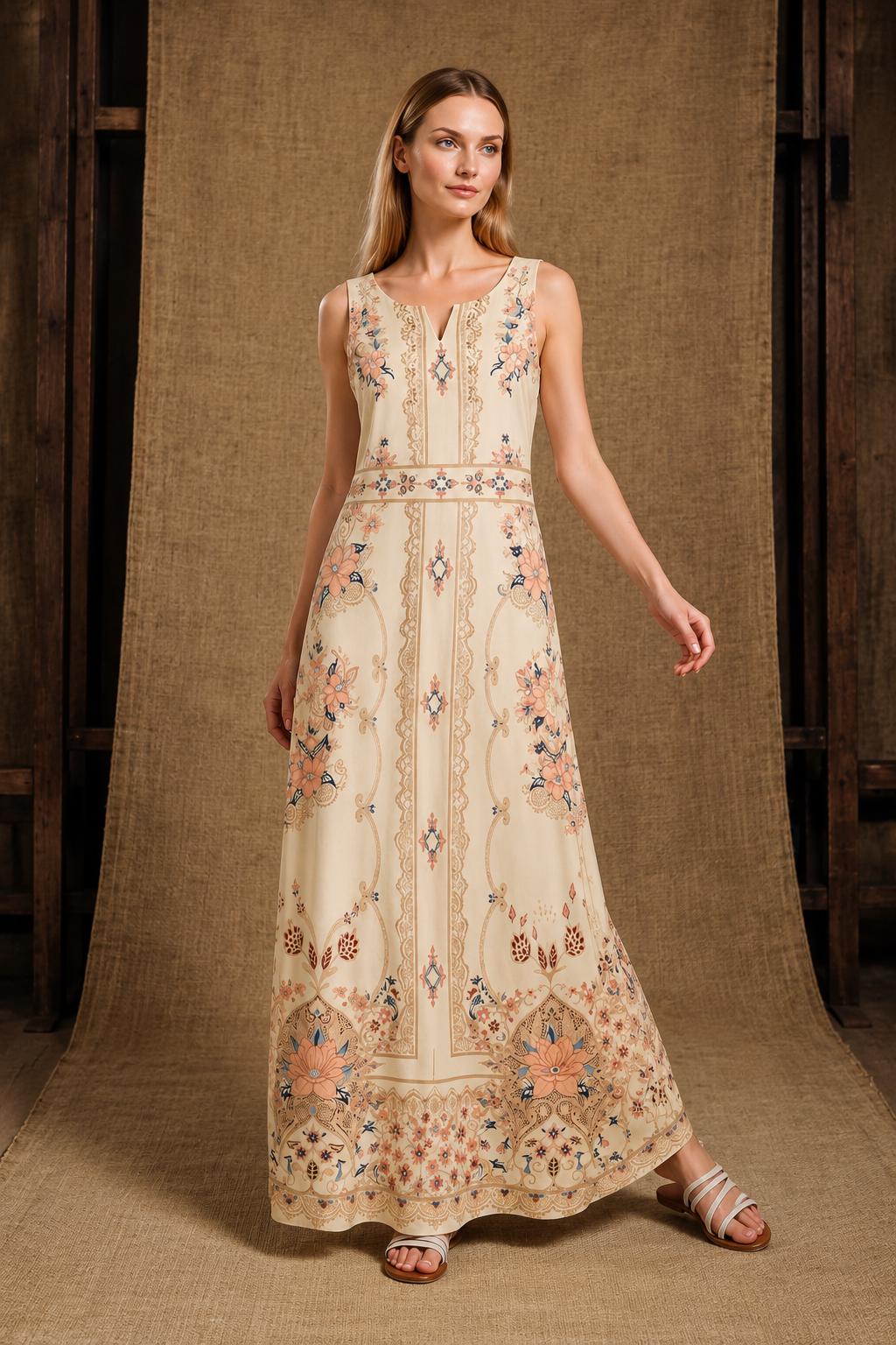 Ivory Boho Maxi Dress, Sleeveless Floral Border Print, A-Line Resort Summer Dress