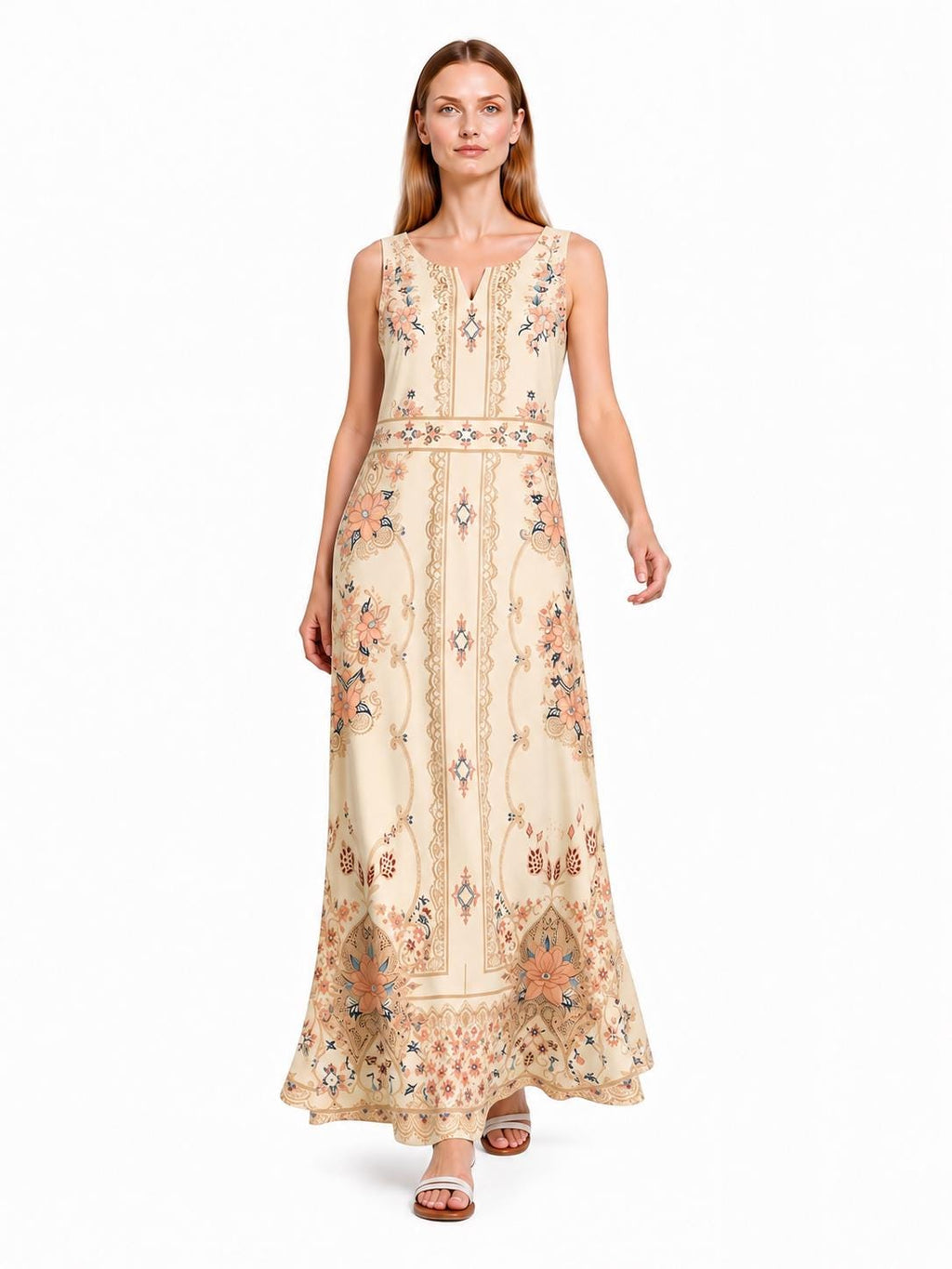 Ivory Boho Maxi Dress, Sleeveless Floral Border Print, A-Line Resort Summer Dress