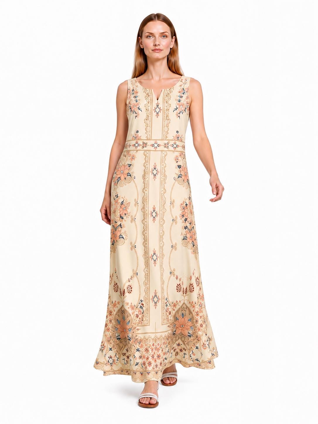 Ivory Boho Maxi Dress, Sleeveless Floral Border Print, A-Line Resort Summer Dress
