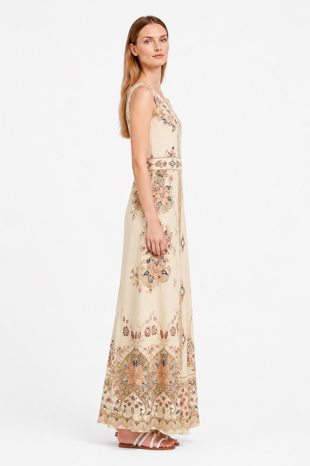 Ivory Boho Maxi Dress, Sleeveless Floral Border Print, A-Line Resort Summer Dress