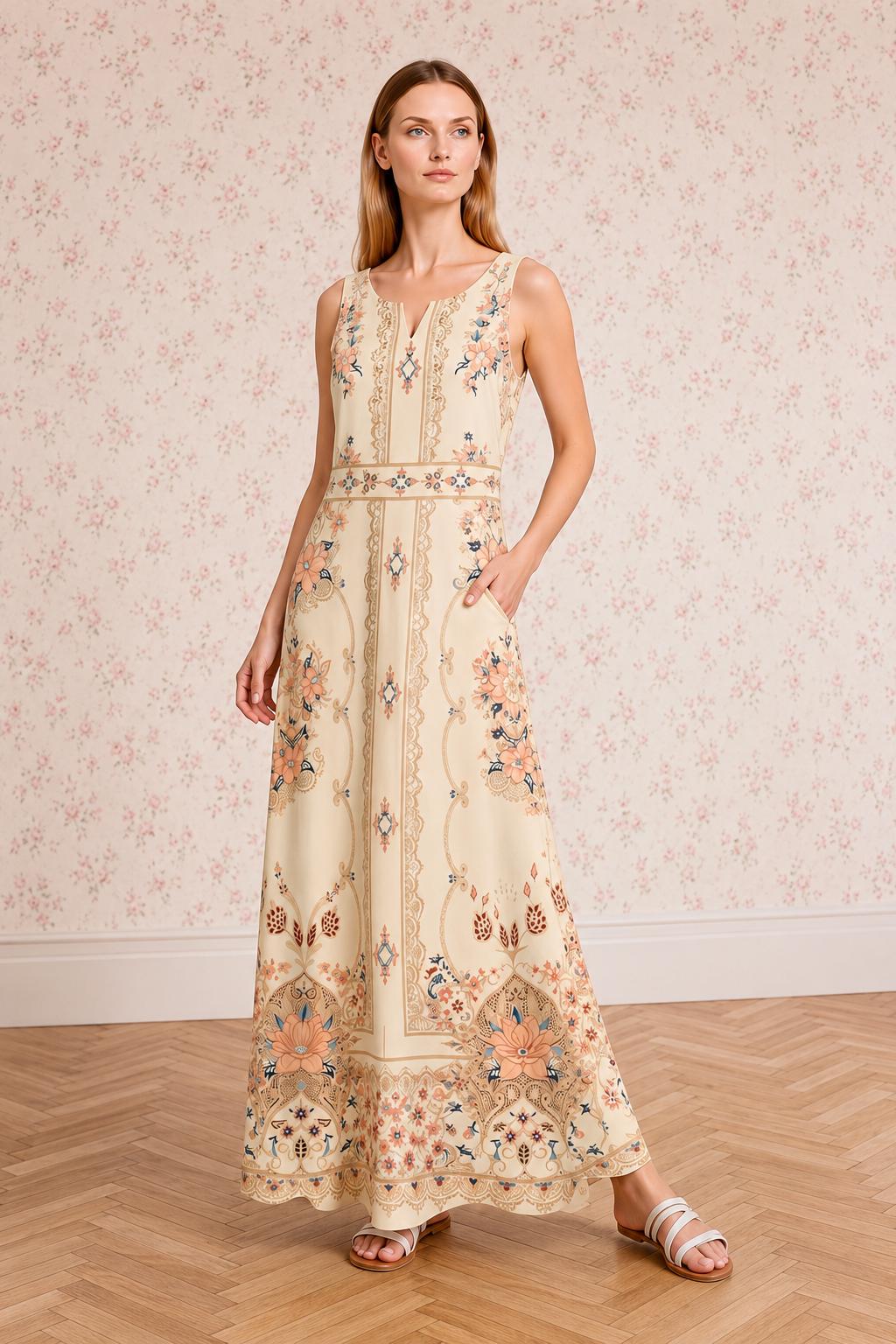 Ivory Boho Maxi Dress, Sleeveless Floral Border Print, A-Line Resort Summer Dress
