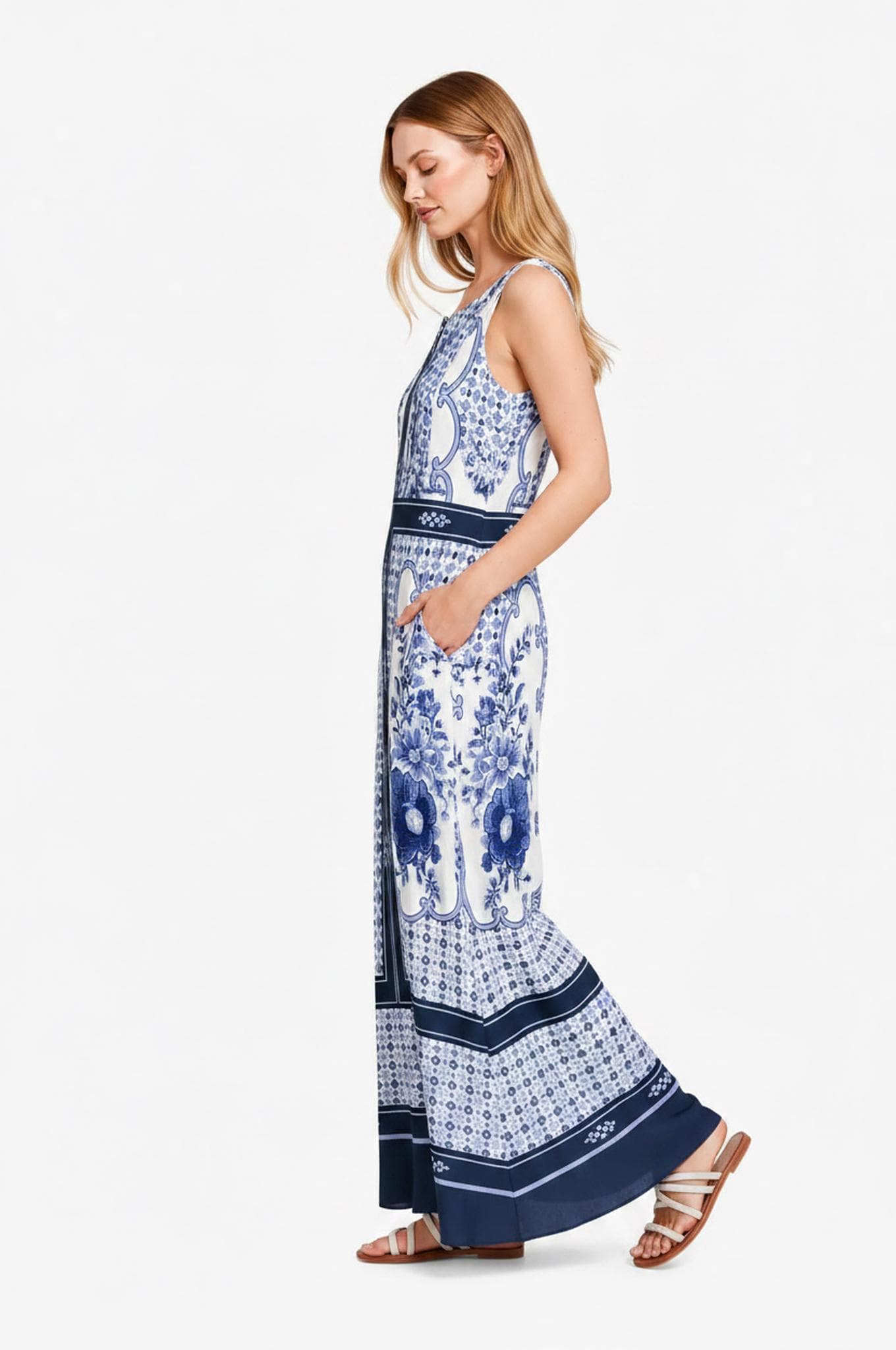 Blue White Maxi Dress, Sleeveless A-Line, Beaded Border Print, Resort Summer Pockets