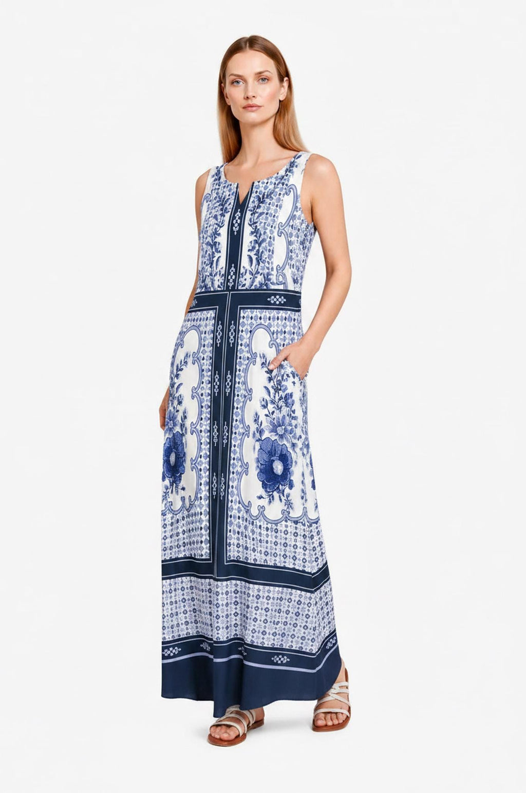 Blue White Maxi Dress, Sleeveless A-Line, Beaded Border Print, Resort Summer Pockets