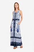 Blue White Maxi Dress, Sleeveless A-Line, Beaded Border Print, Resort Summer Pockets