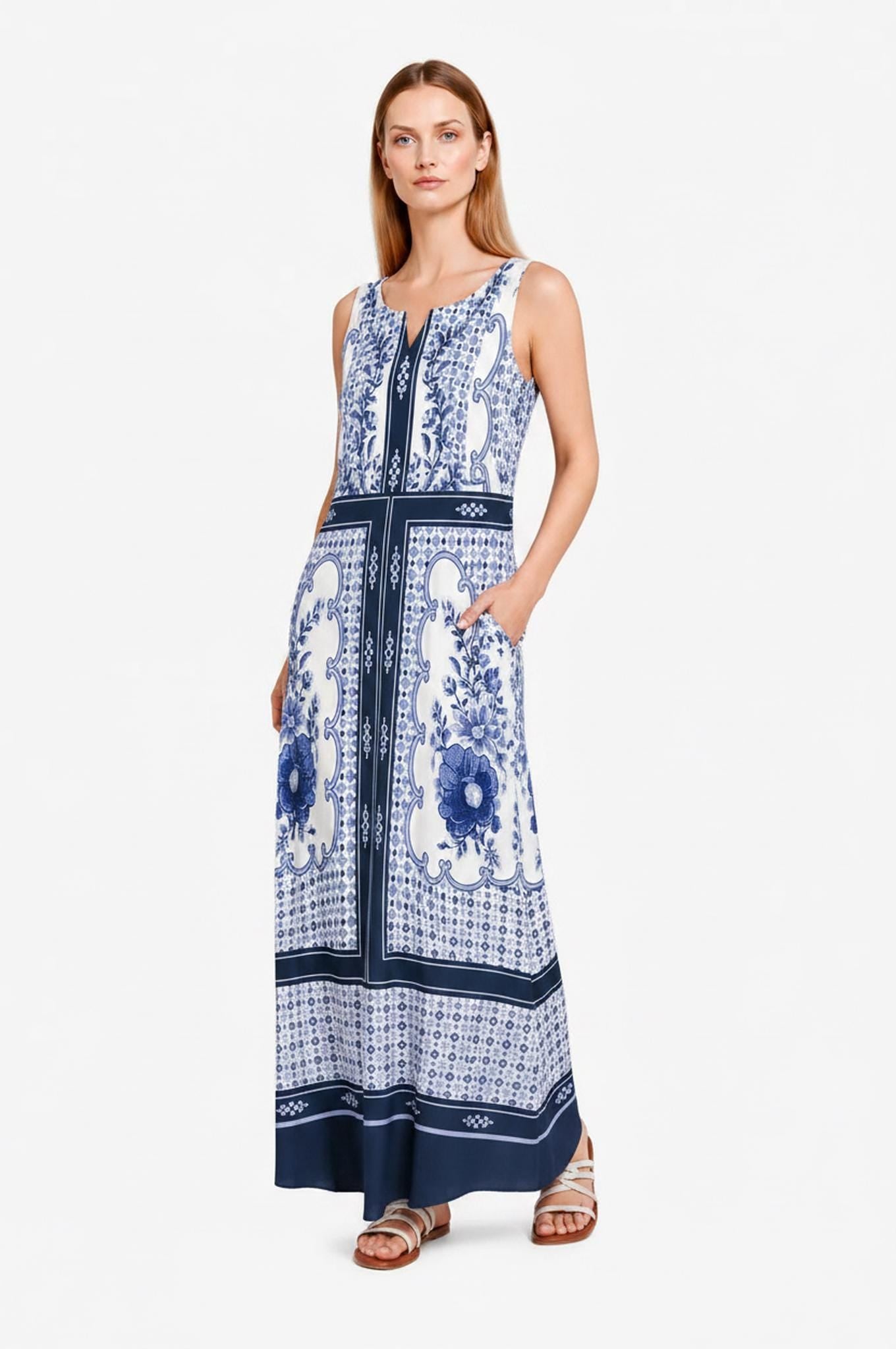 Blue White Maxi Dress, Sleeveless A-Line, Beaded Border Print, Resort Summer Pockets