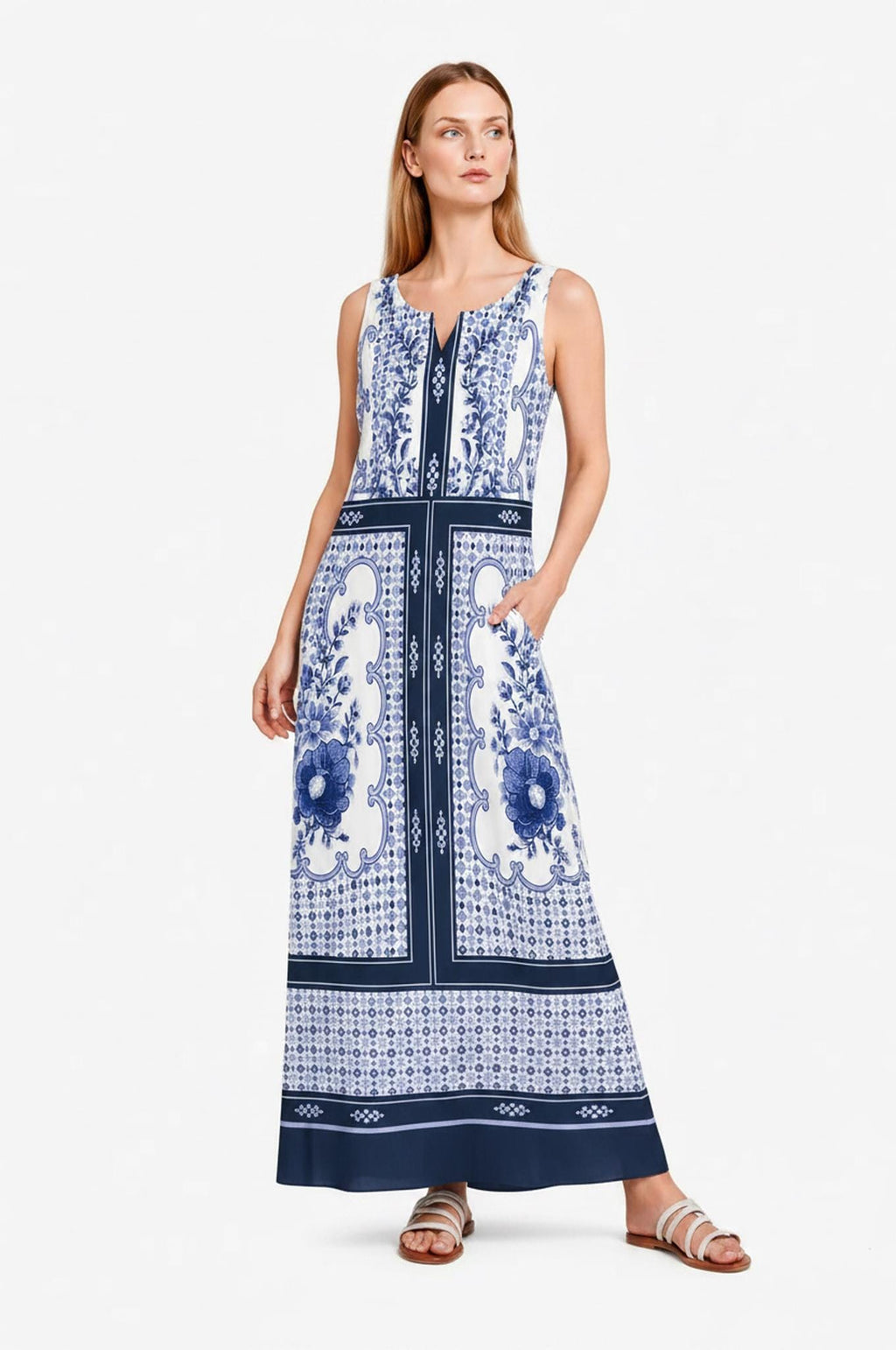 Blue White Maxi Dress, Sleeveless A-Line, Beaded Border Print, Resort Summer Pockets