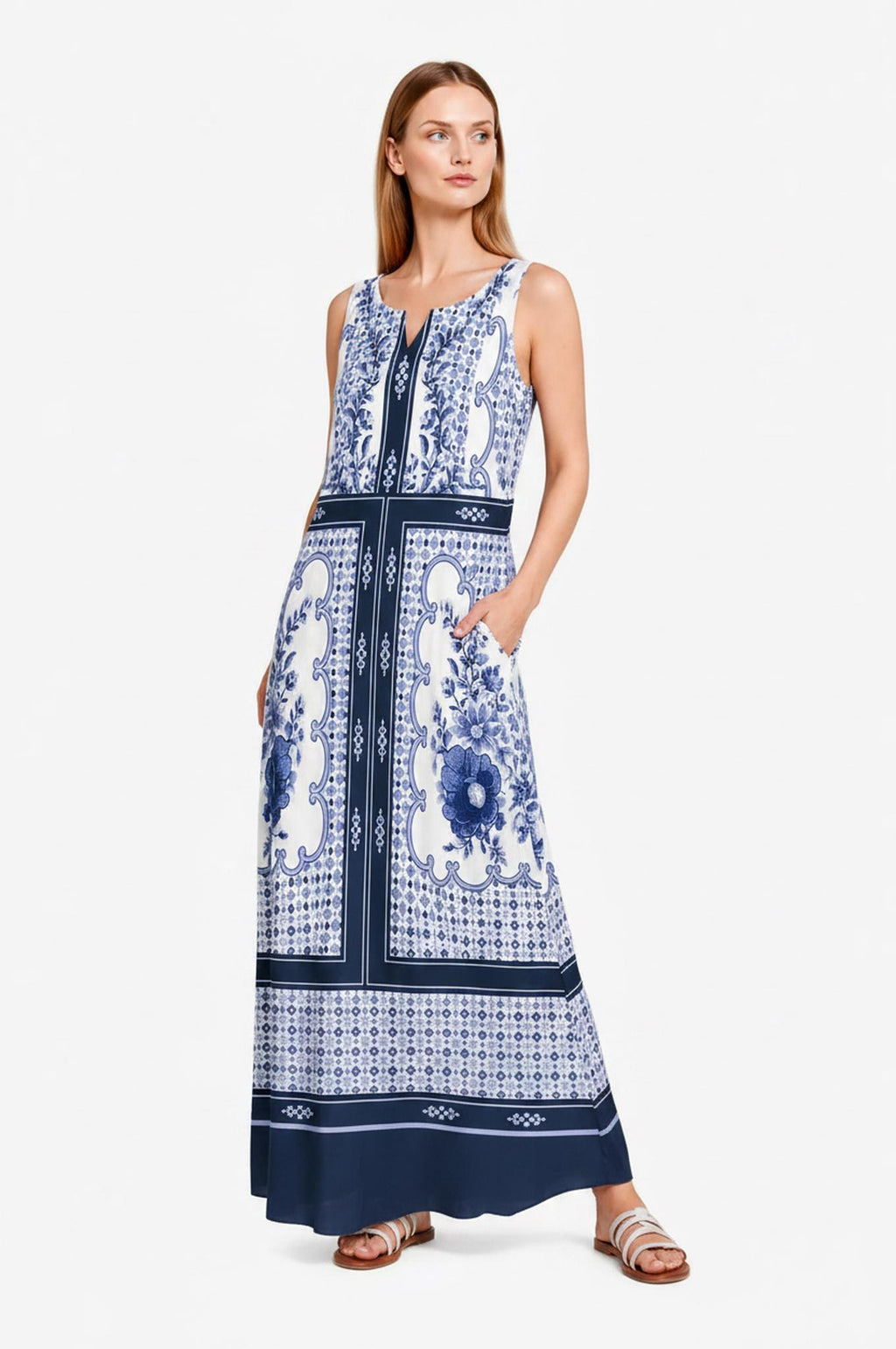 Blue White Maxi Dress, Sleeveless A-Line, Beaded Border Print, Resort Summer Pockets