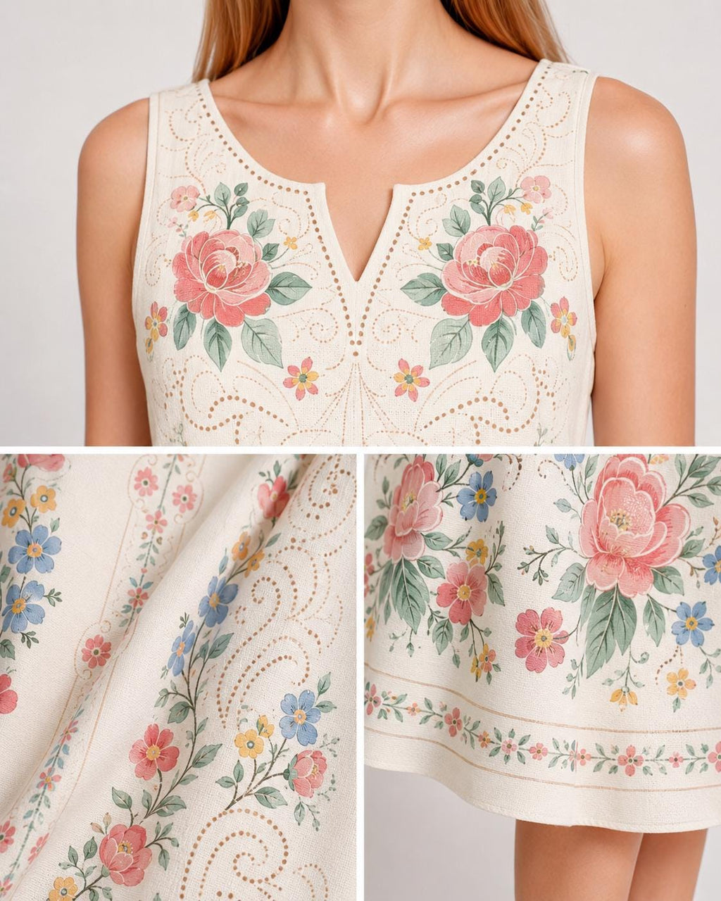 Ivory Floral Maxi Dress, Sleeveless A-Line, Pink Rose Folk Print, Garden Party Resort Wear