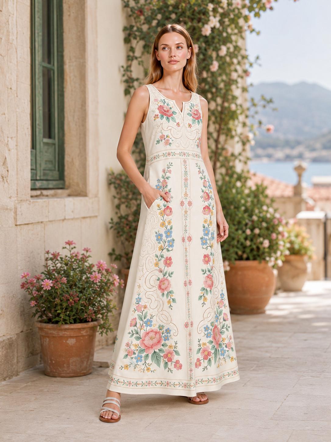Ivory Floral Maxi Dress, Sleeveless A-Line, Pink Rose Folk Print, Garden Party Resort Wear