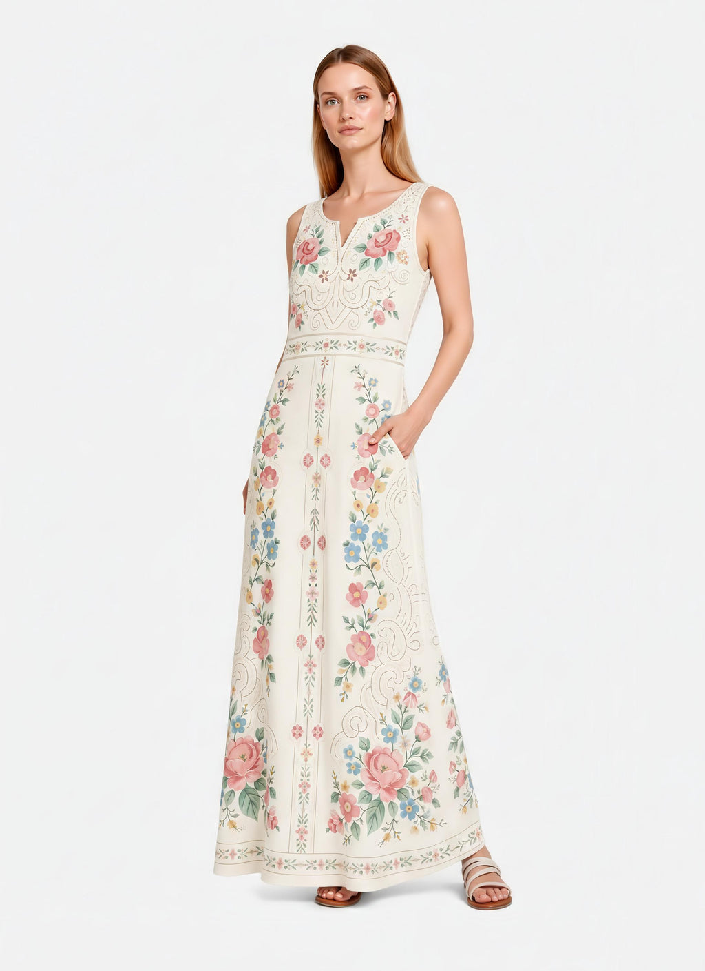 Ivory Floral Maxi Dress, Sleeveless A-Line, Pink Rose Folk Print, Garden Party Resort Wear