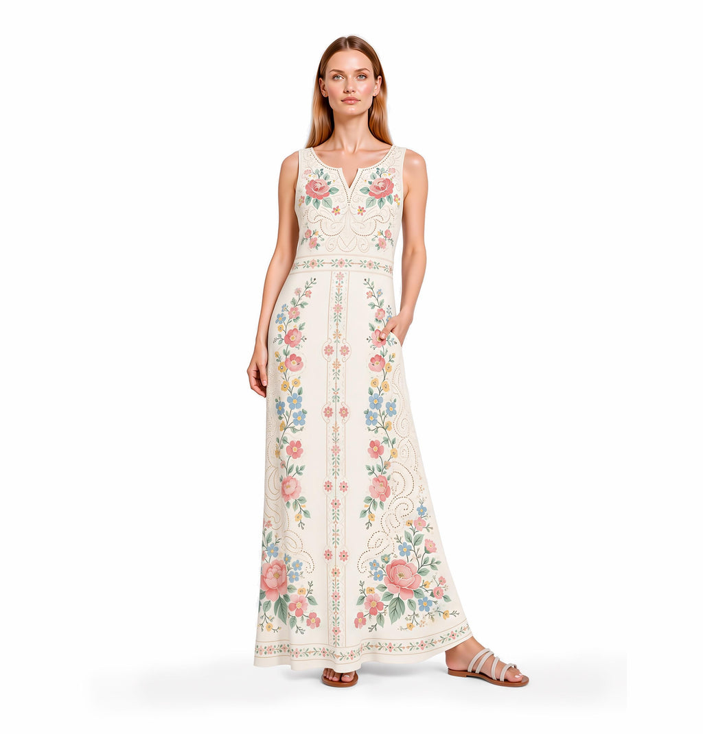 Ivory Floral Maxi Dress, Sleeveless A-Line, Pink Rose Folk Print, Garden Party Resort Wear