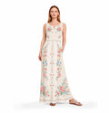 Ivory Floral Maxi Dress, Sleeveless A-Line, Pink Rose Folk Print, Garden Party Resort Wear