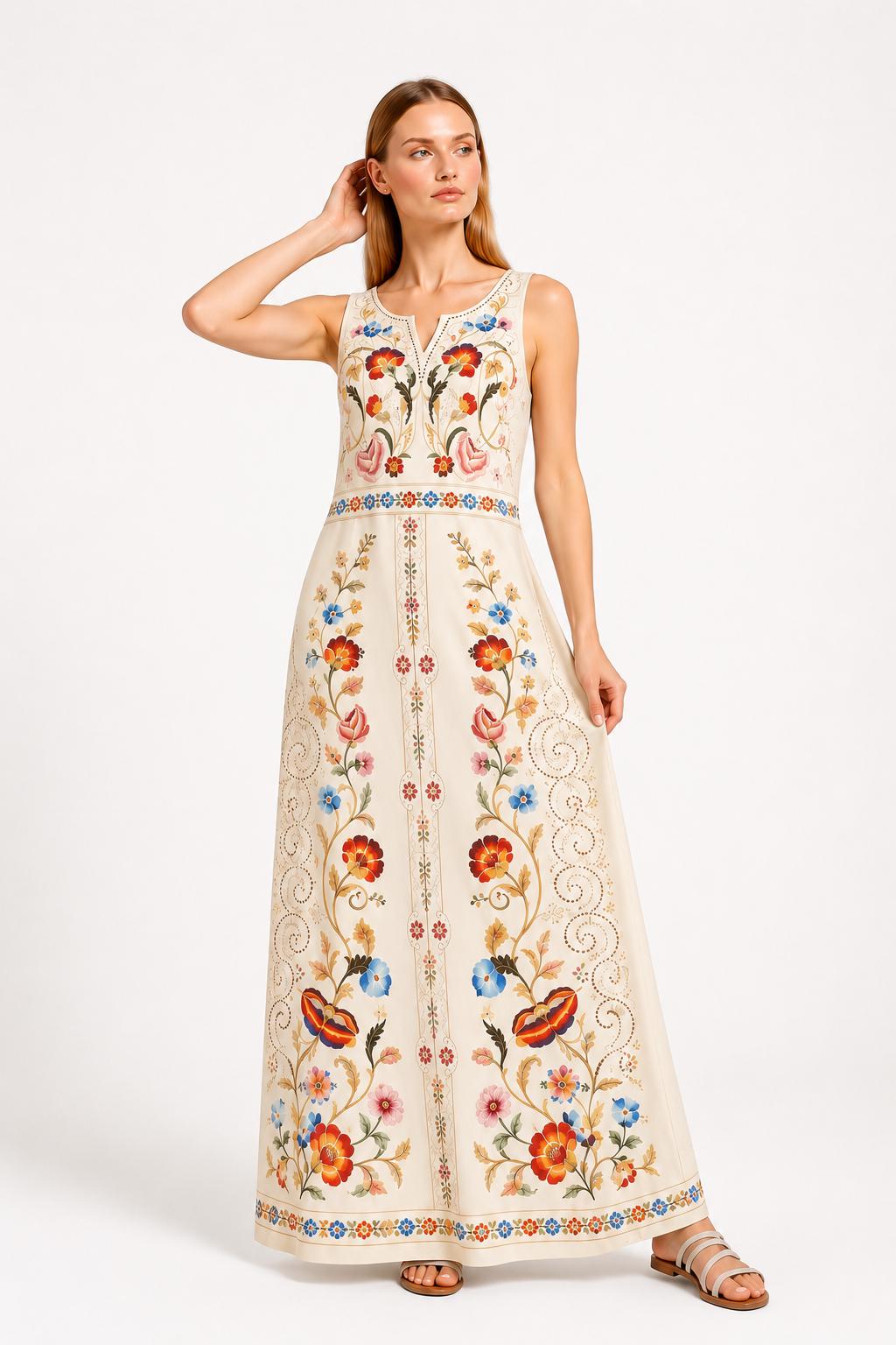 Ivory Folk Print Maxi Dress, Sleeveless Vintage Border A-Line Resort Garden Party Dress