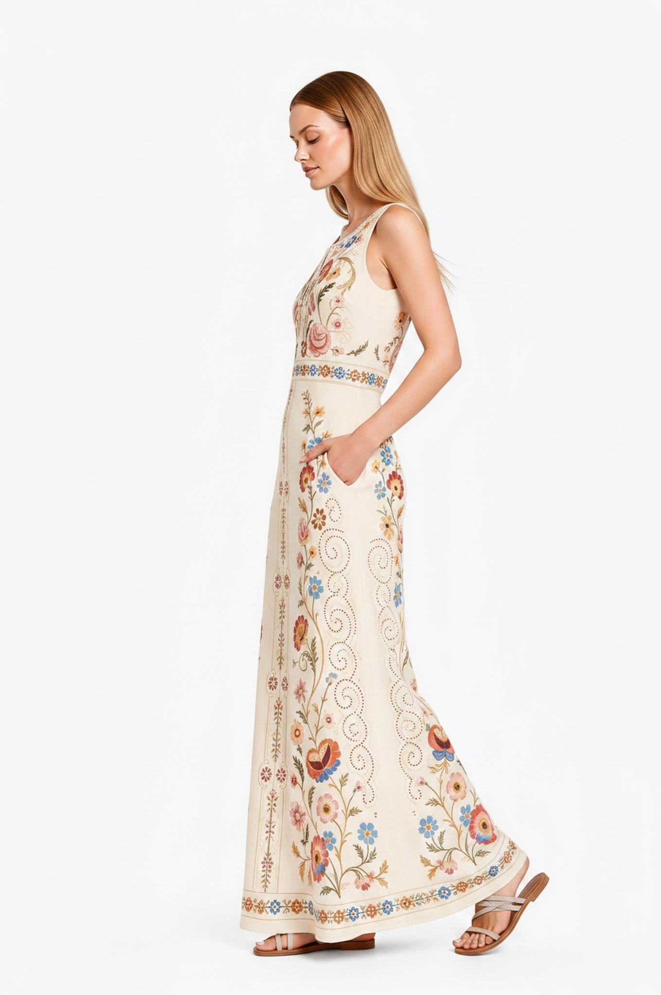 Ivory Folk Print Maxi Dress, Sleeveless Vintage Border A-Line Resort Garden Party Dress