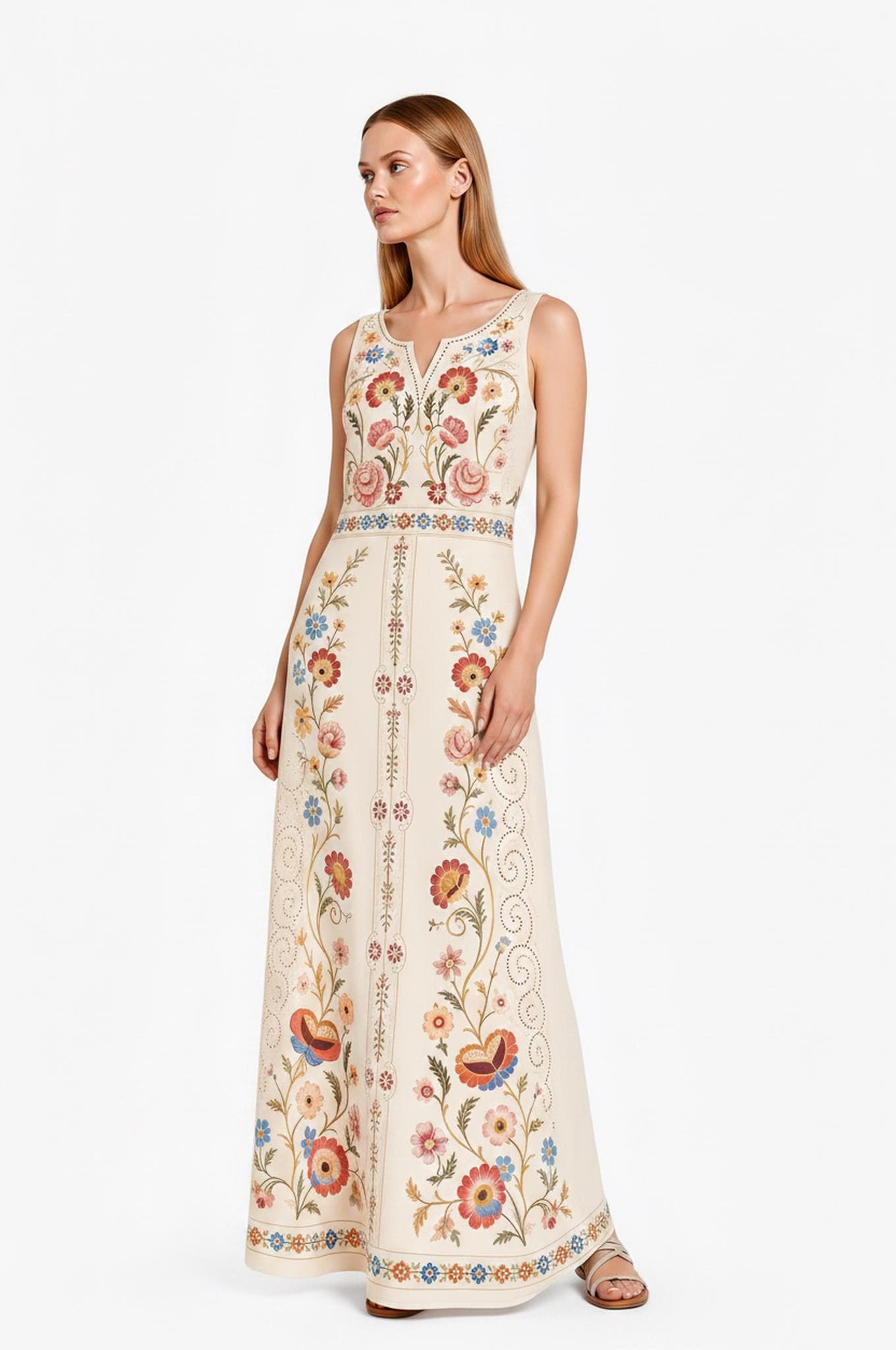 Ivory Folk Print Maxi Dress, Sleeveless Vintage Border A-Line Resort Garden Party Dress