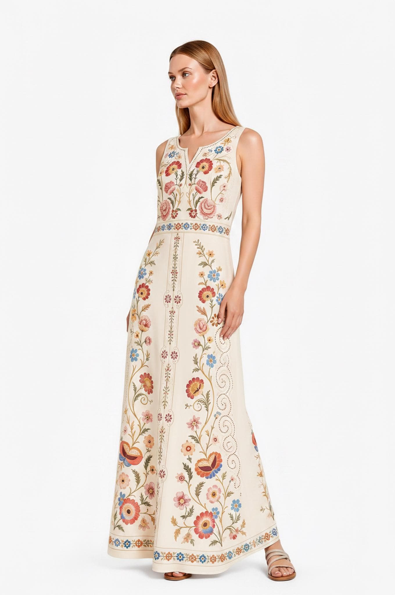 Ivory Folk Print Maxi Dress, Sleeveless Vintage Border A-Line Resort Garden Party Dress
