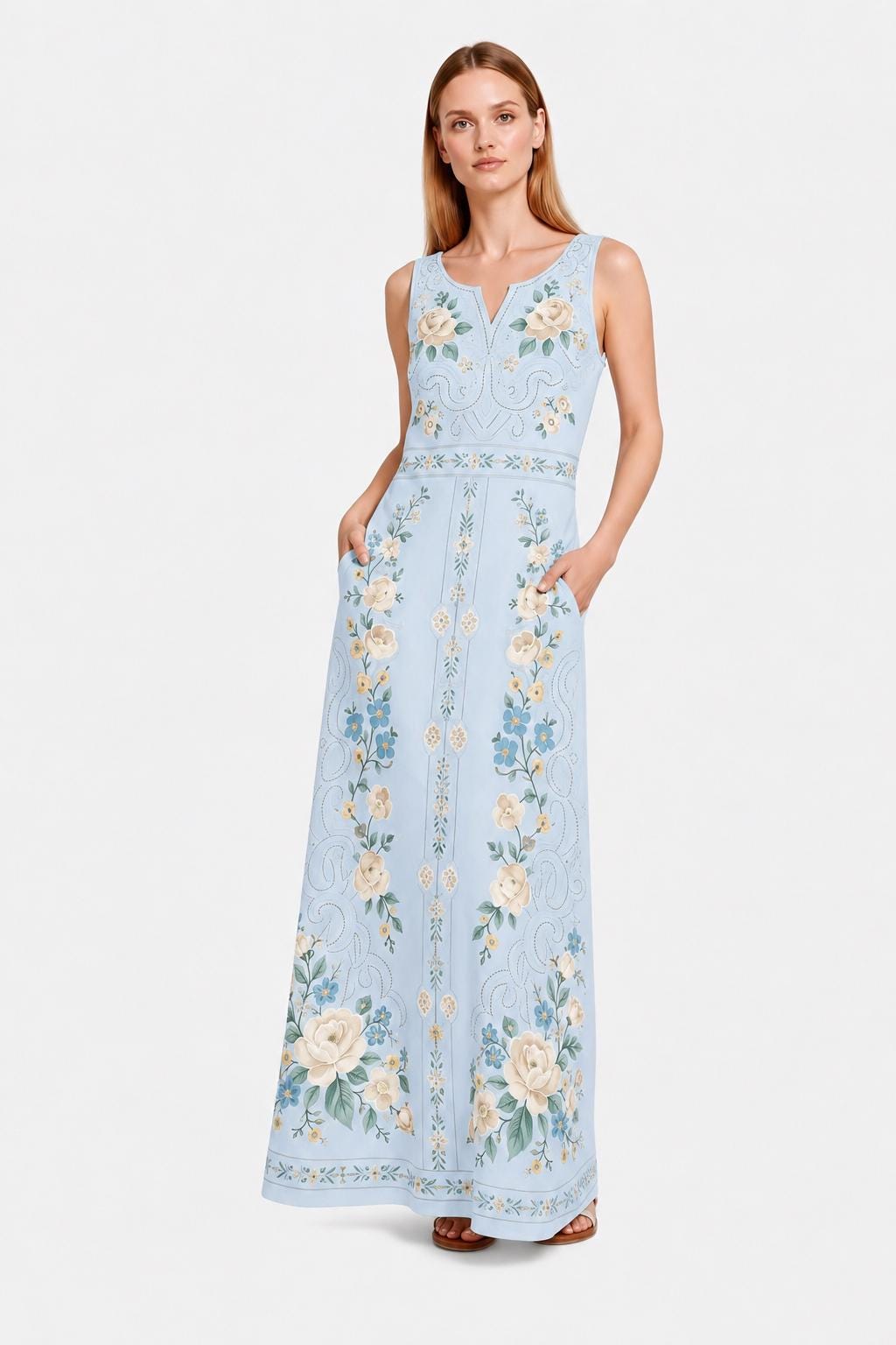 Ivory Floral Maxi Dress, Sleeveless A-Line, Pink Rose Folk Print, Garden Party Resort Wear