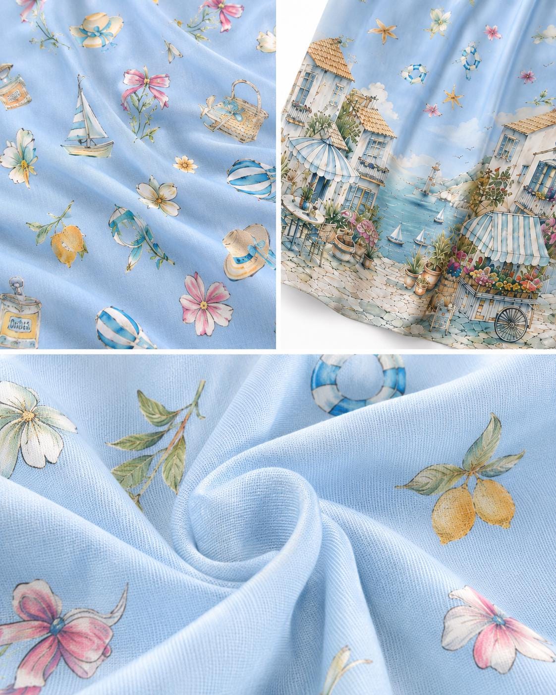 Blue Coastal Maxi Dress, Sleeveless A-Line, Mediterranean Village Print, Vacation Resort Wear