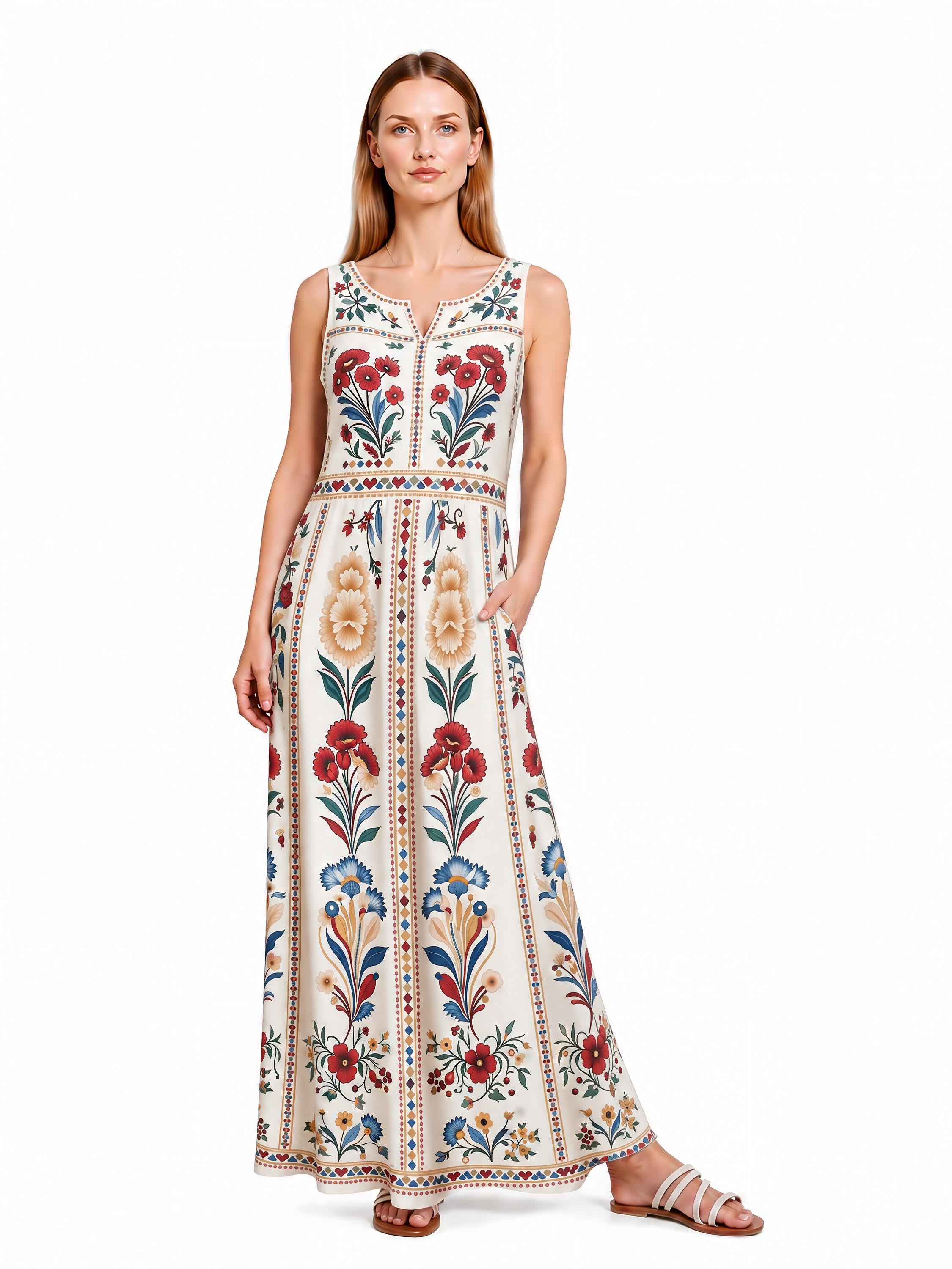 Blue Floral Maxi Dress, Sleeveless A-Line, Vintage Border Print, Resort Garden Party