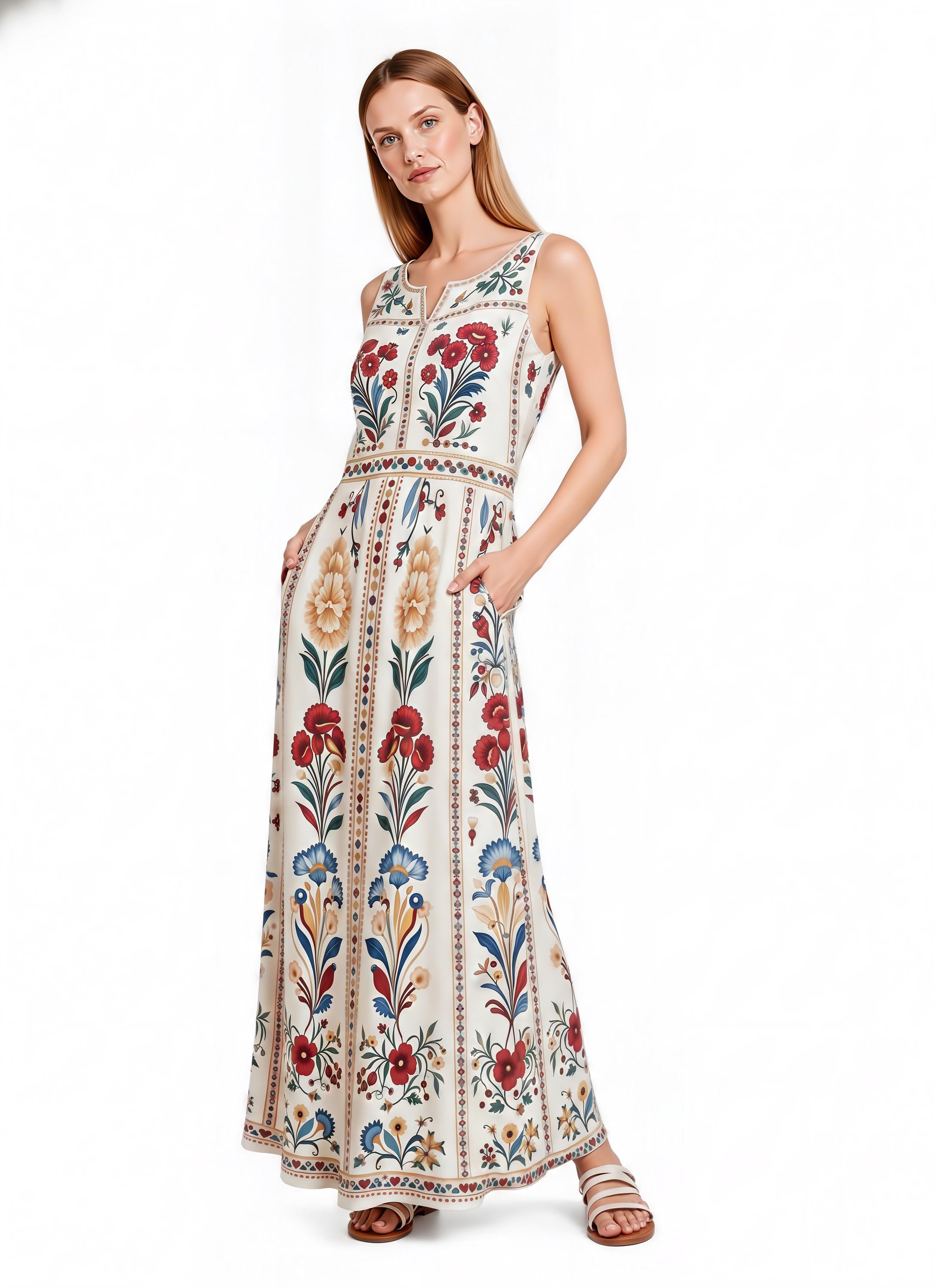 Blue Floral Maxi Dress, Sleeveless A-Line, Vintage Border Print, Resort Garden Party