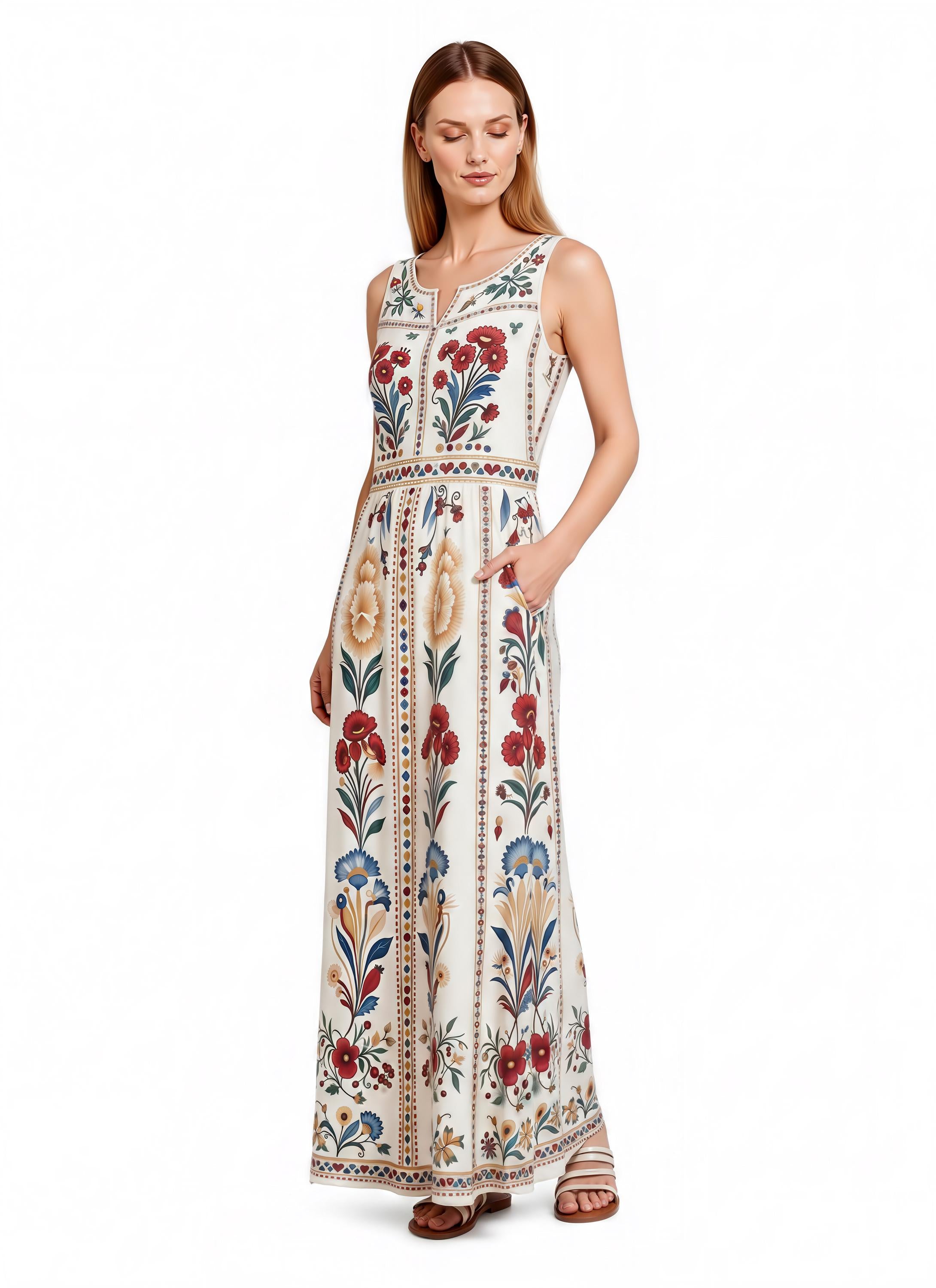 Blue Floral Maxi Dress, Sleeveless A-Line, Vintage Border Print, Resort Garden Party