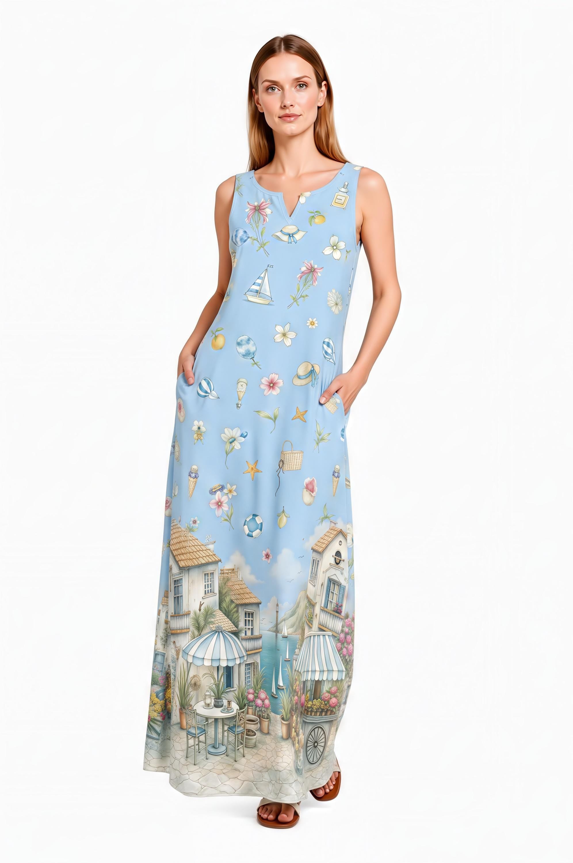 Blue Coastal Maxi Dress, Sleeveless A-Line, Mediterranean Village Print, Vacation Resort Wear
