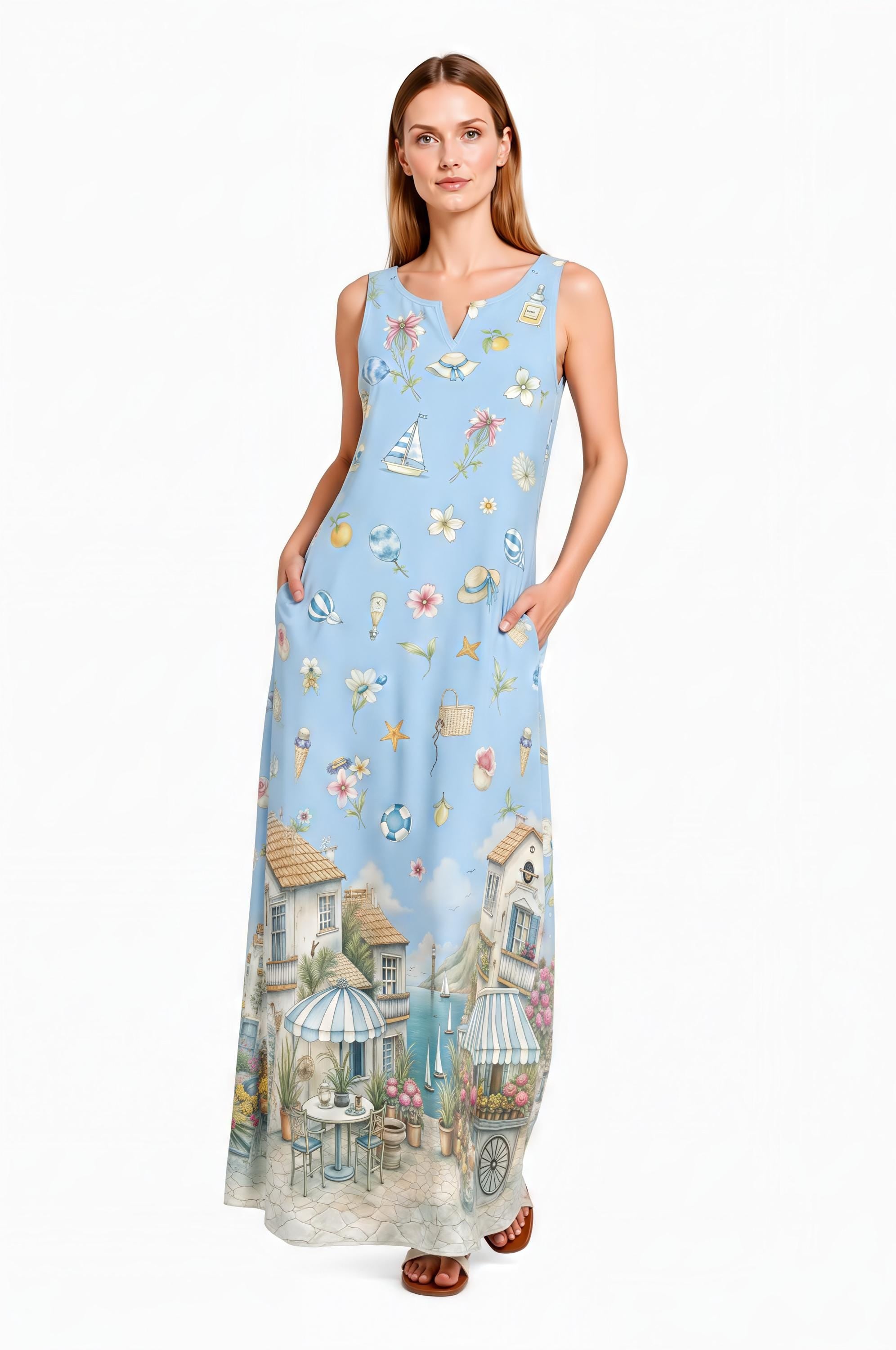 Blue Coastal Maxi Dress, Sleeveless A-Line, Mediterranean Village Print, Vacation Resort Wear