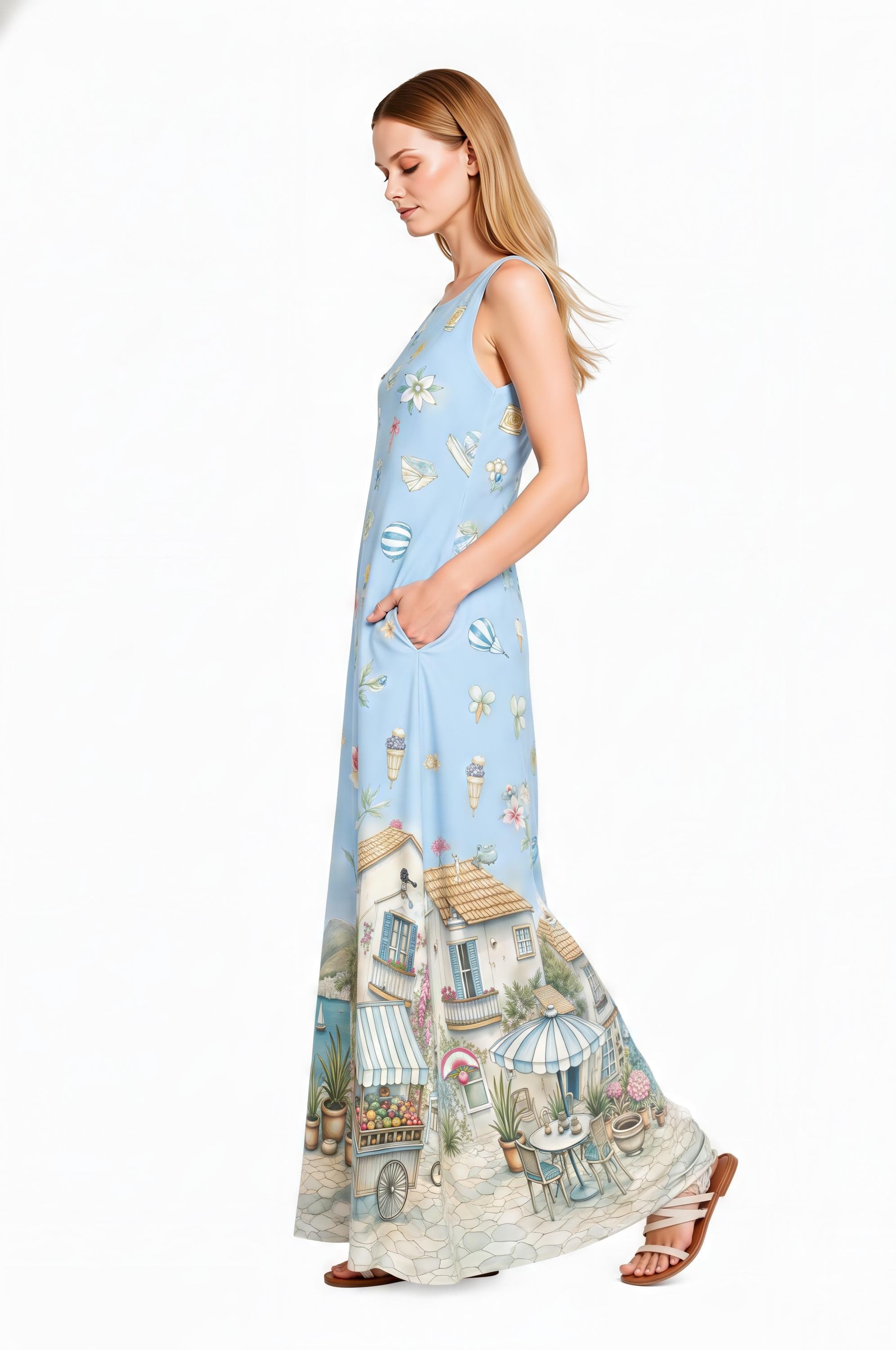 Blue Coastal Maxi Dress, Sleeveless A-Line, Mediterranean Village Prin – MaisonLierre