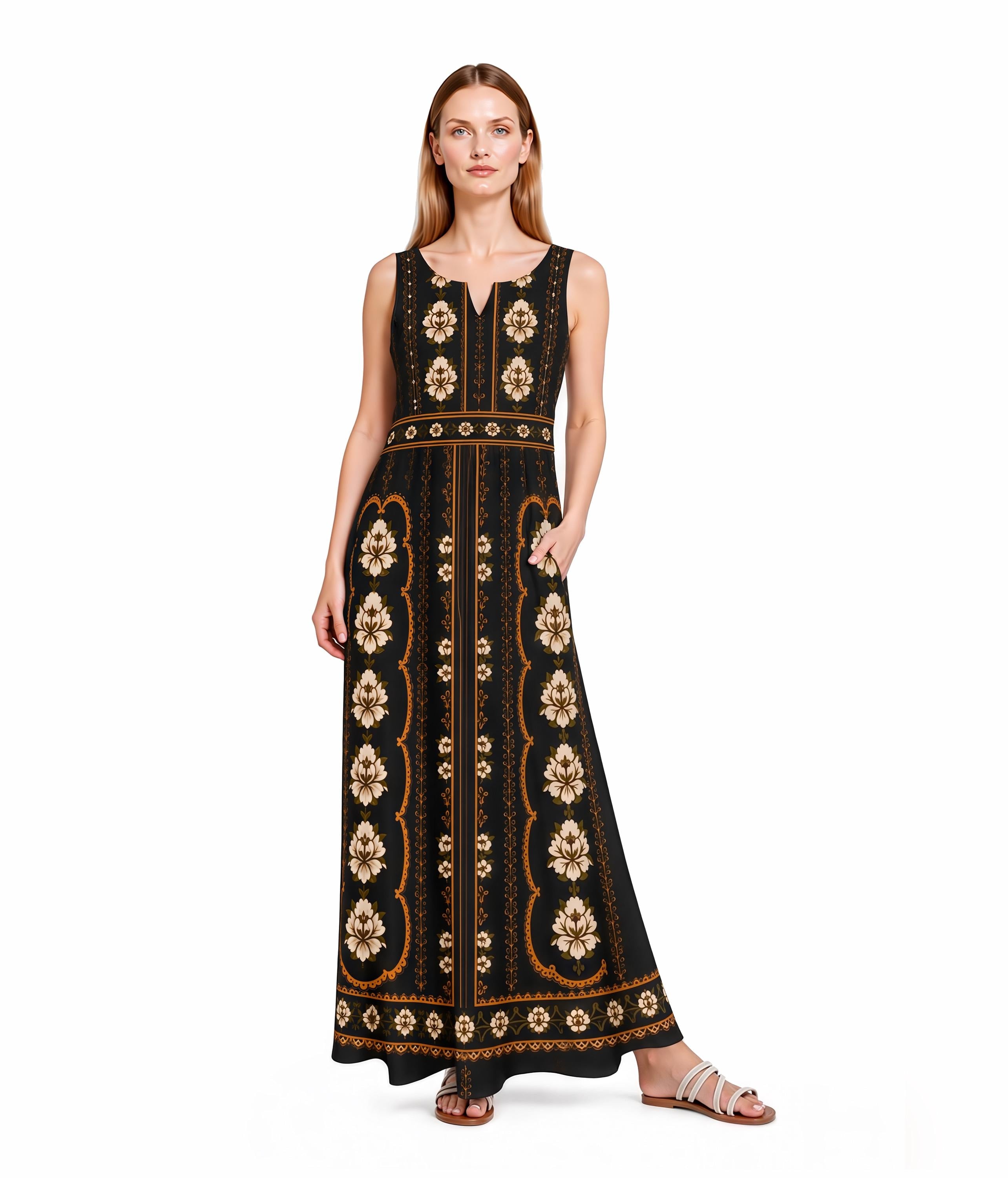 Black Floral Maxi Dress, Sleeveless A-Line, Vintage Border Print, Resort Evening Wear