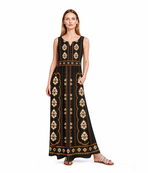 Black Floral Maxi Dress, Sleeveless A-Line, Vintage Border Print, Resort Evening Wear