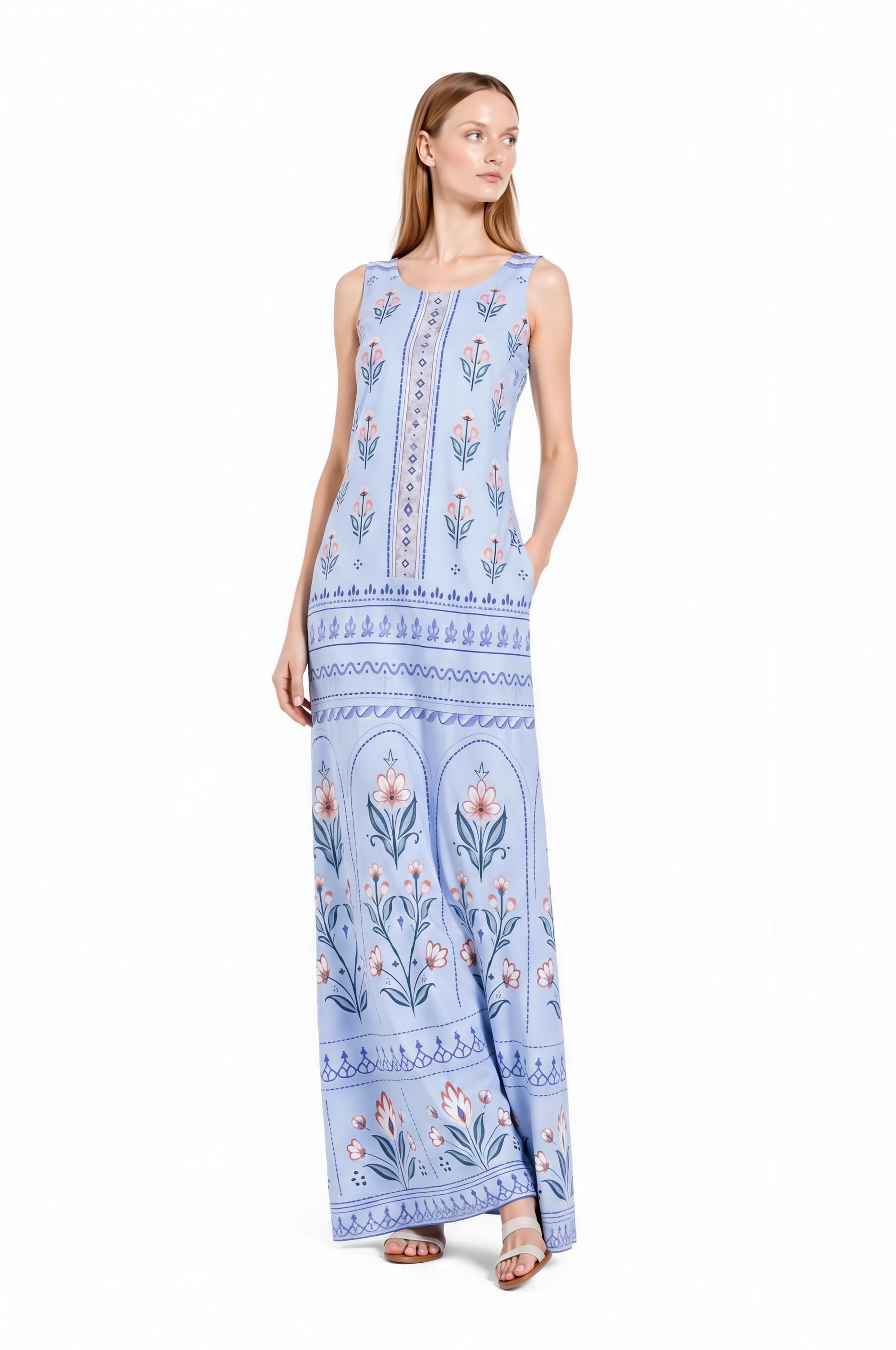 Light Blue Floral Maxi Dress, Sleeveless A-Line, Vintage Border Print, Resort Summer (Pockets)