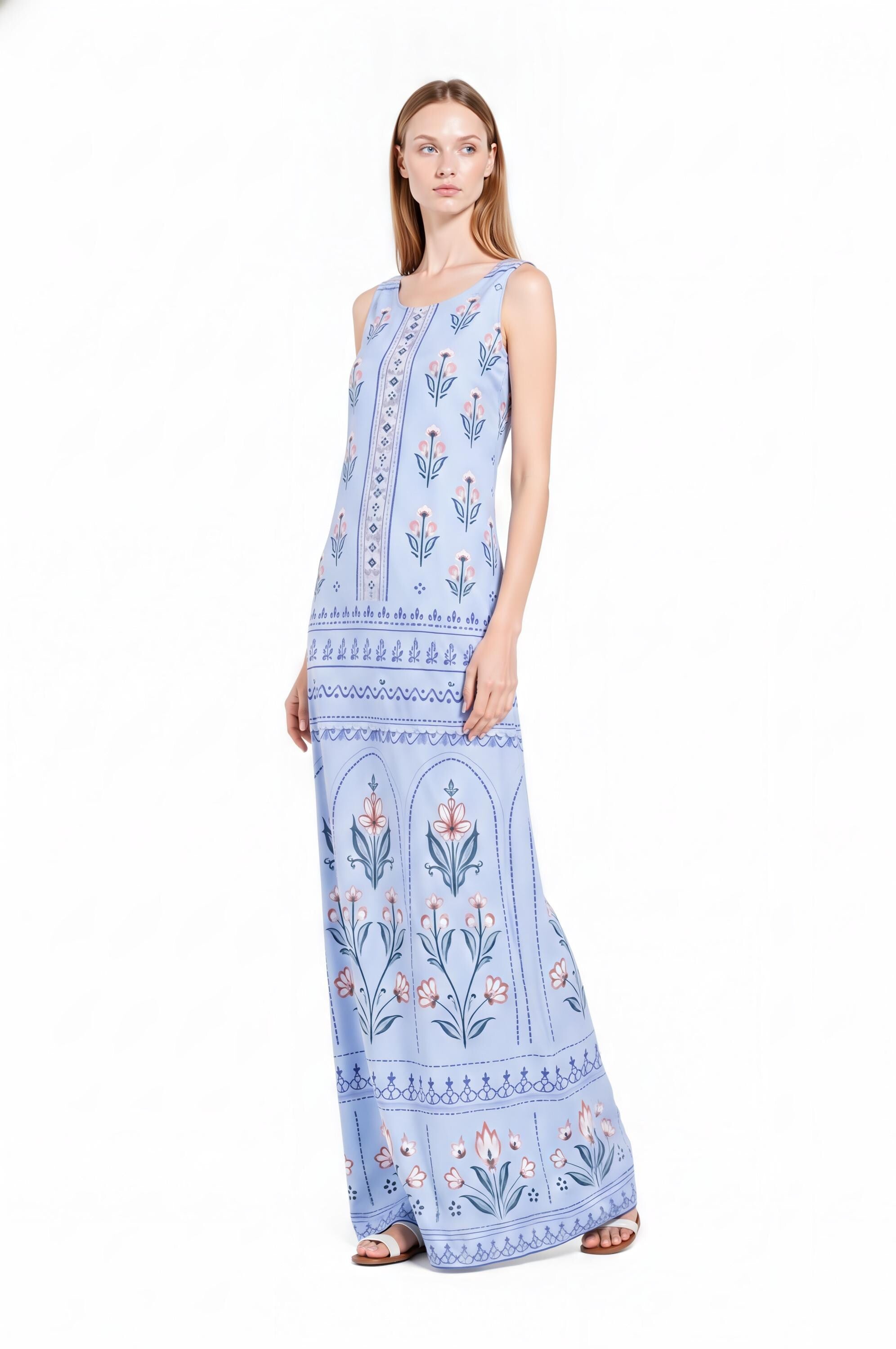 Light Blue Floral Maxi Dress, Sleeveless A-Line, Vintage Border Print, Resort Summer (Pockets)