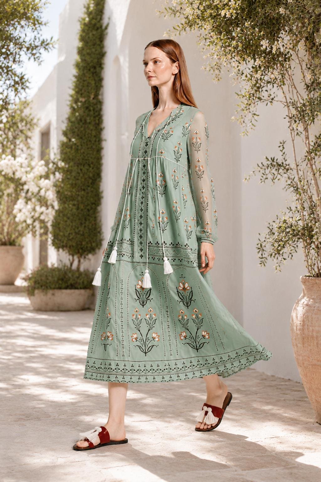 Sage Green Floral Chiffon Midi Dress, Tassel Tie Resort Wear, Boho Silhouette