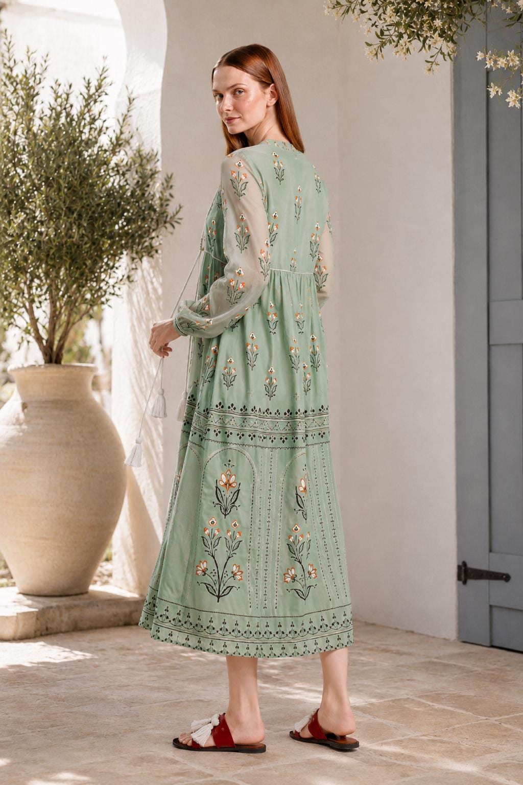 Sage Green Floral Chiffon Midi Dress, Tassel Tie Resort Wear, Boho Silhouette