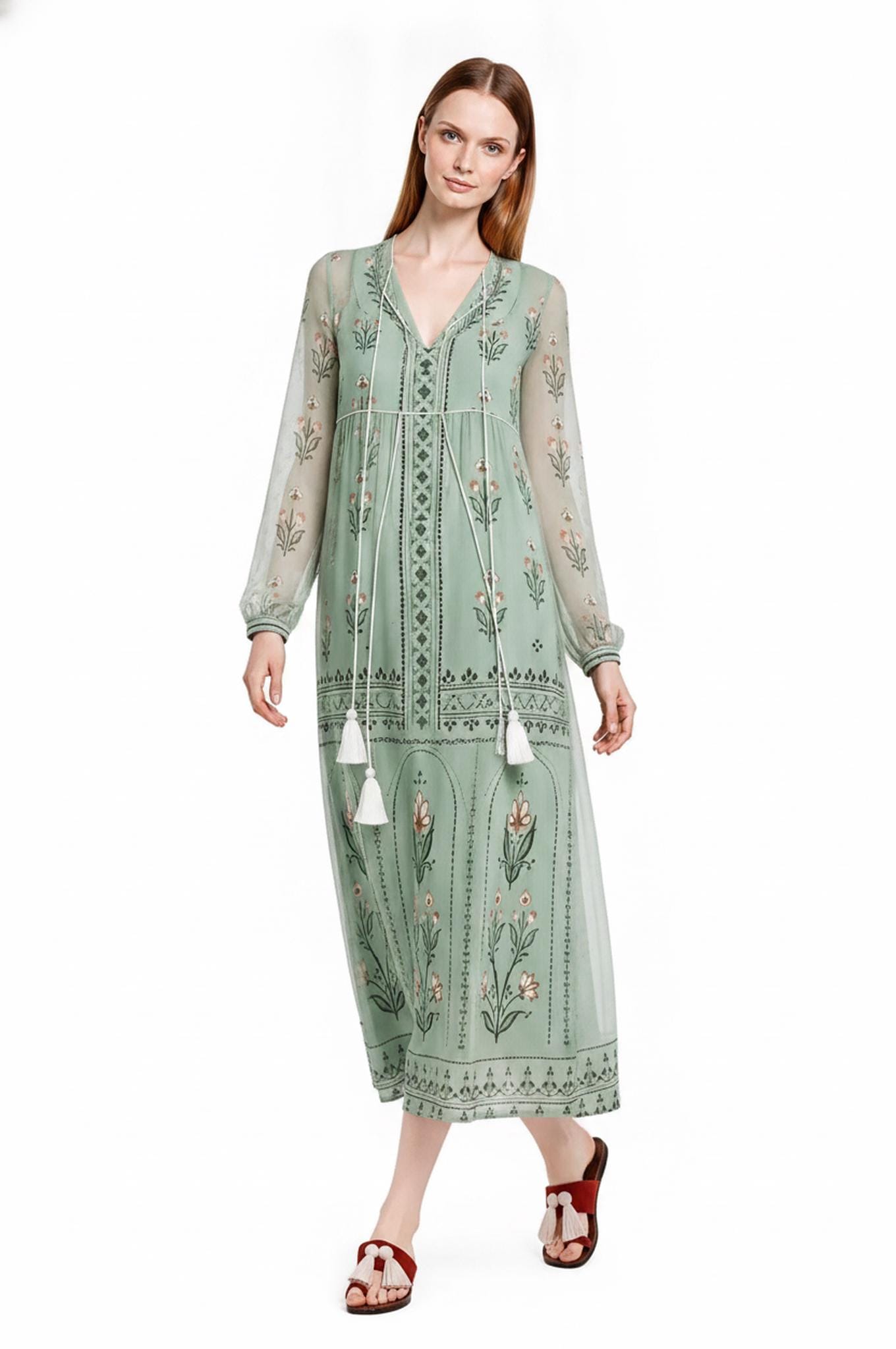 Sage Green Floral Chiffon Midi Dress, Tassel Tie Resort Wear, Boho Silhouette