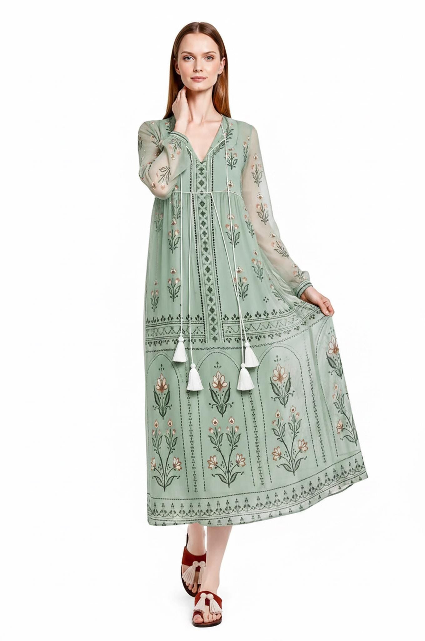 Sage Green Floral Chiffon Midi Dress, Tassel Tie Resort Wear, Boho Silhouette