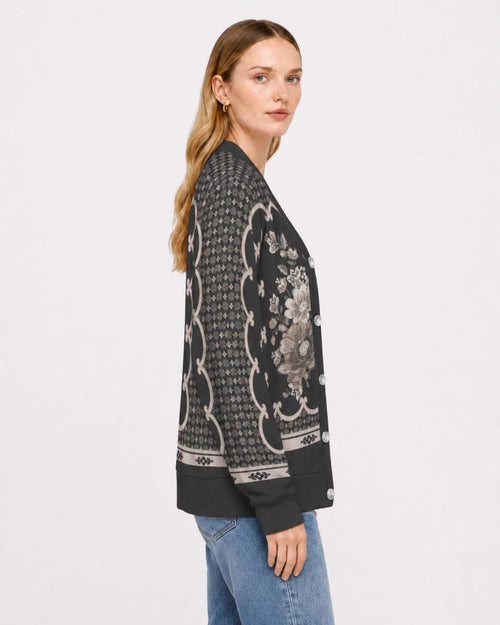 Black Floral Knit Cardigan, Button Front Sweater, Vertical Ribbed Texture Cardigan, Vintage Border Print Layering Top