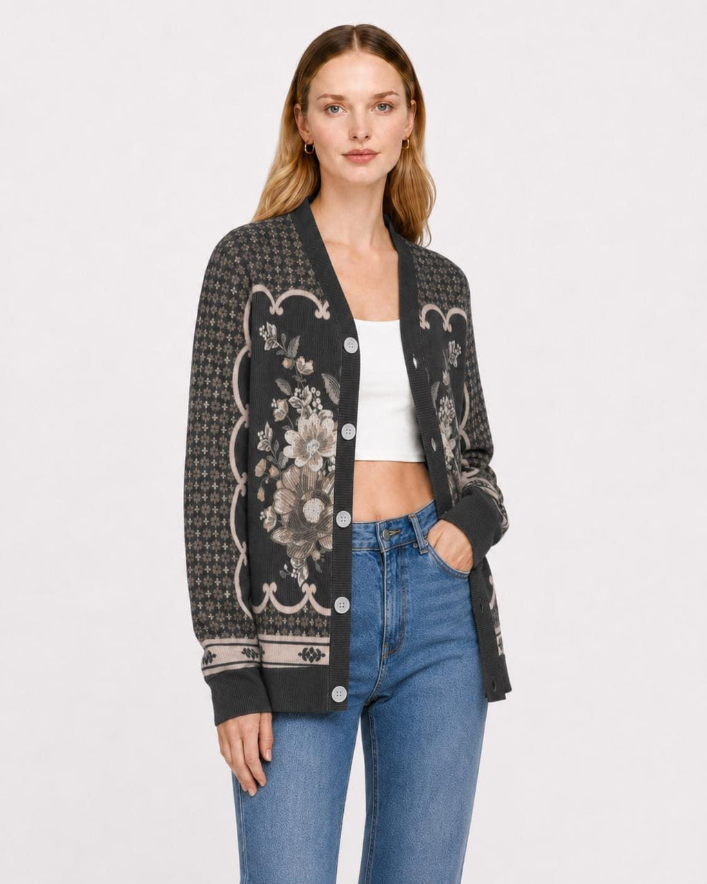 Black Floral Knit Cardigan, Button Front Sweater, Vertical Ribbed Texture Cardigan, Vintage Border Print Layering Top