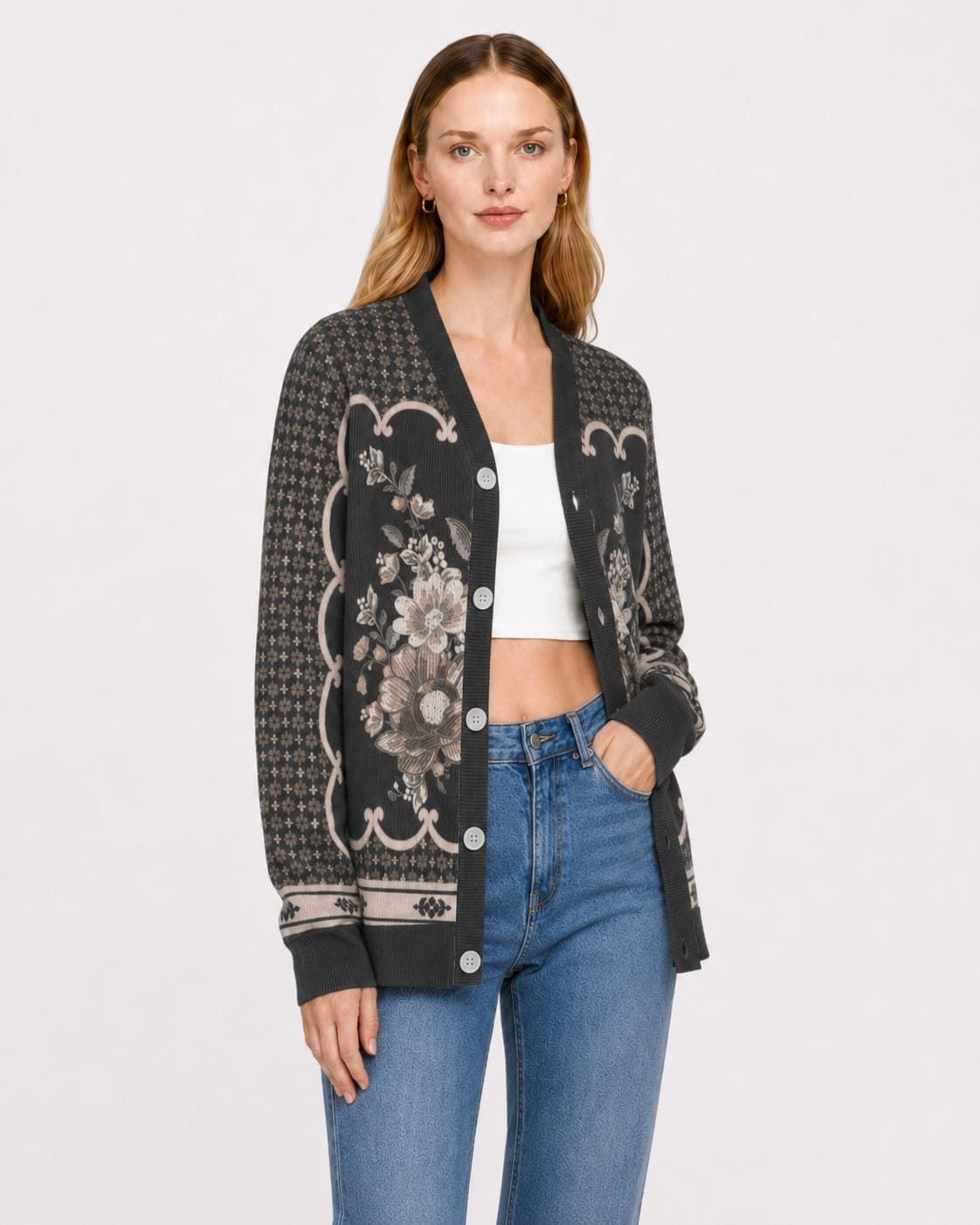 Black Floral Knit Cardigan, Button Front Sweater, Vertical Ribbed Texture Cardigan, Vintage Border Print Layering Top