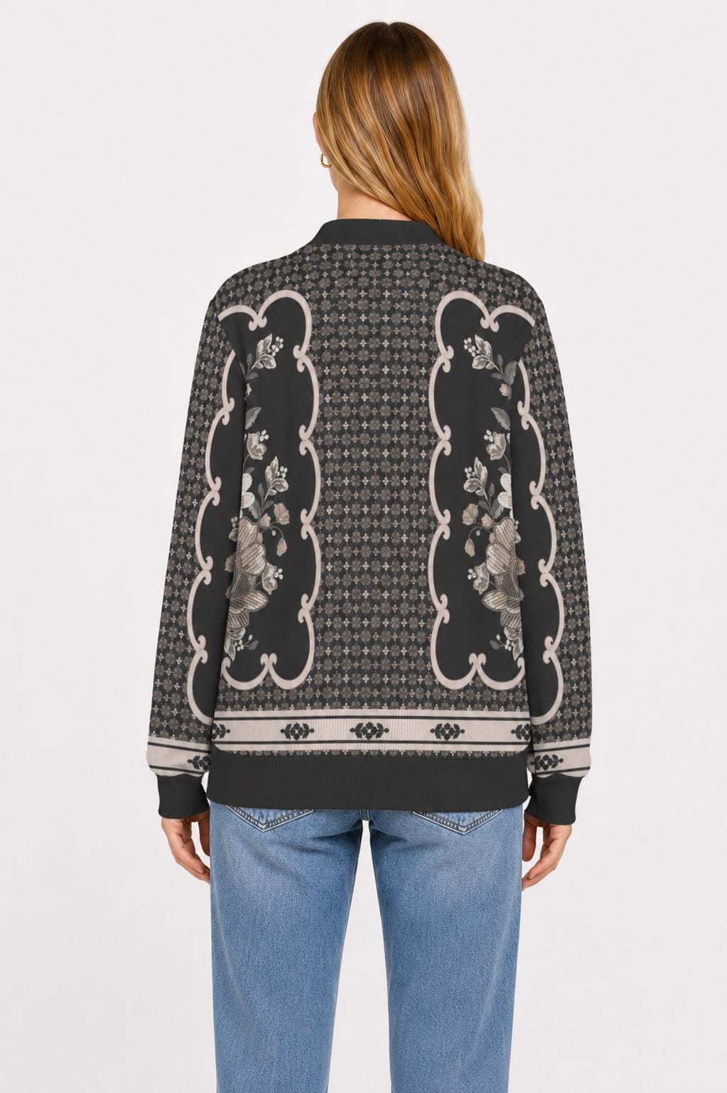 Black Floral Knit Cardigan, Button Front Sweater, Vertical Ribbed Texture Cardigan, Vintage Border Print Layering Top