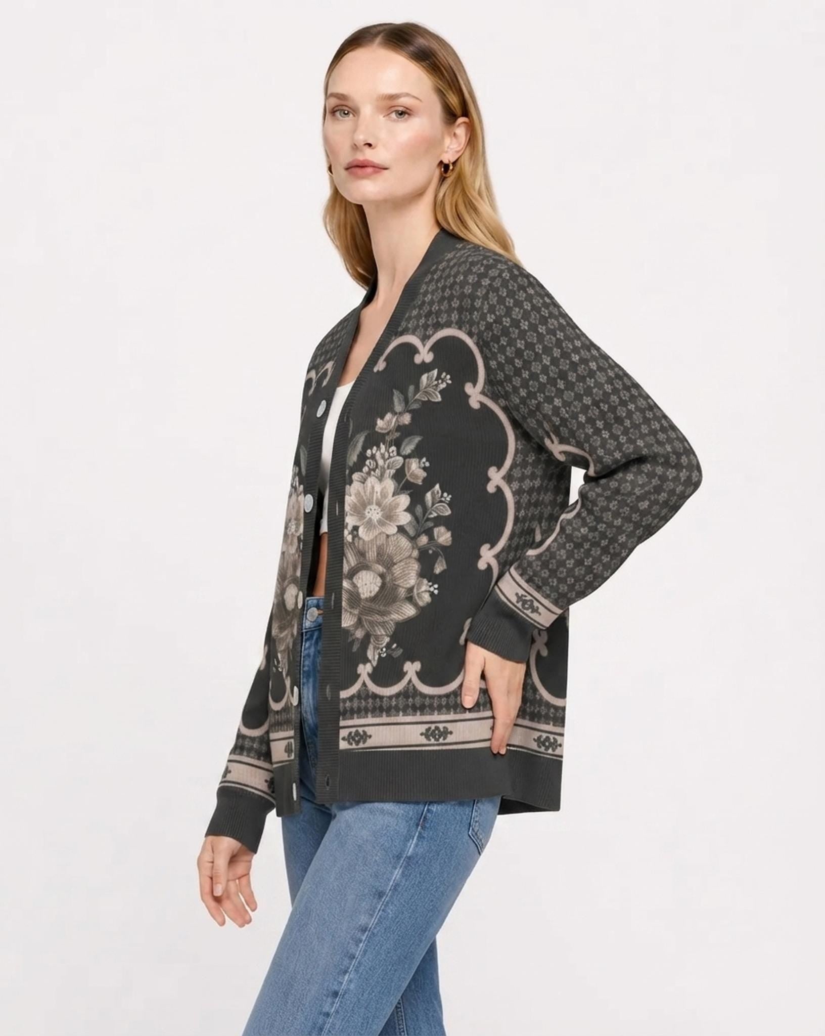 Black Floral Knit Cardigan, Button Front Sweater, Vertical Ribbed Texture Cardigan, Vintage Border Print Layering Top