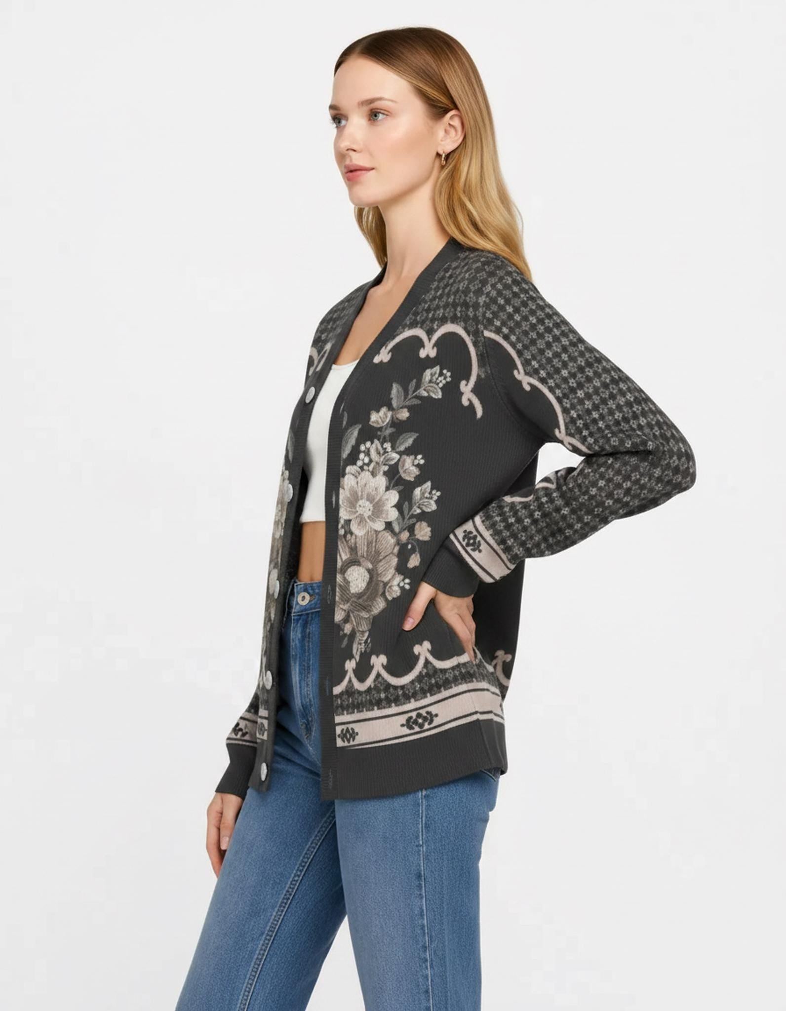 Black Floral Knit Cardigan, Button Front Sweater, Vertical Ribbed Texture Cardigan, Vintage Border Print Layering Top