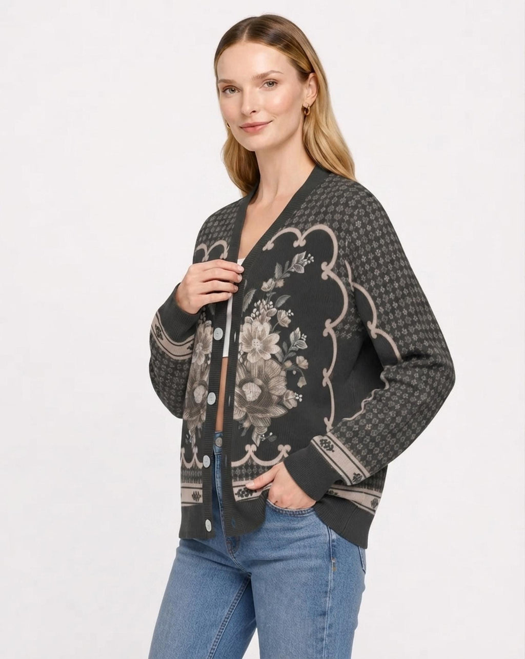 Black Floral Knit Cardigan, Button Front Sweater, Vertical Ribbed Texture Cardigan, Vintage Border Print Layering Top